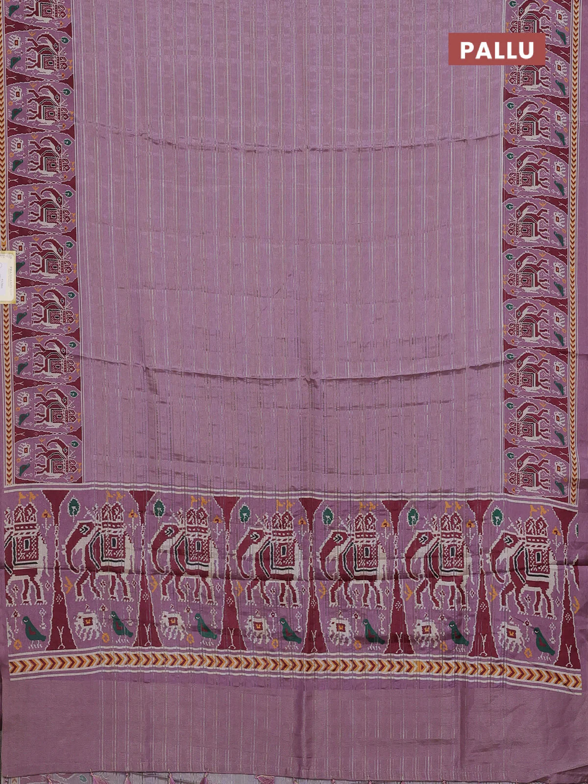 Semi tussar saree mauve pink with zari stripes pattern and patola printed border - Image 3
