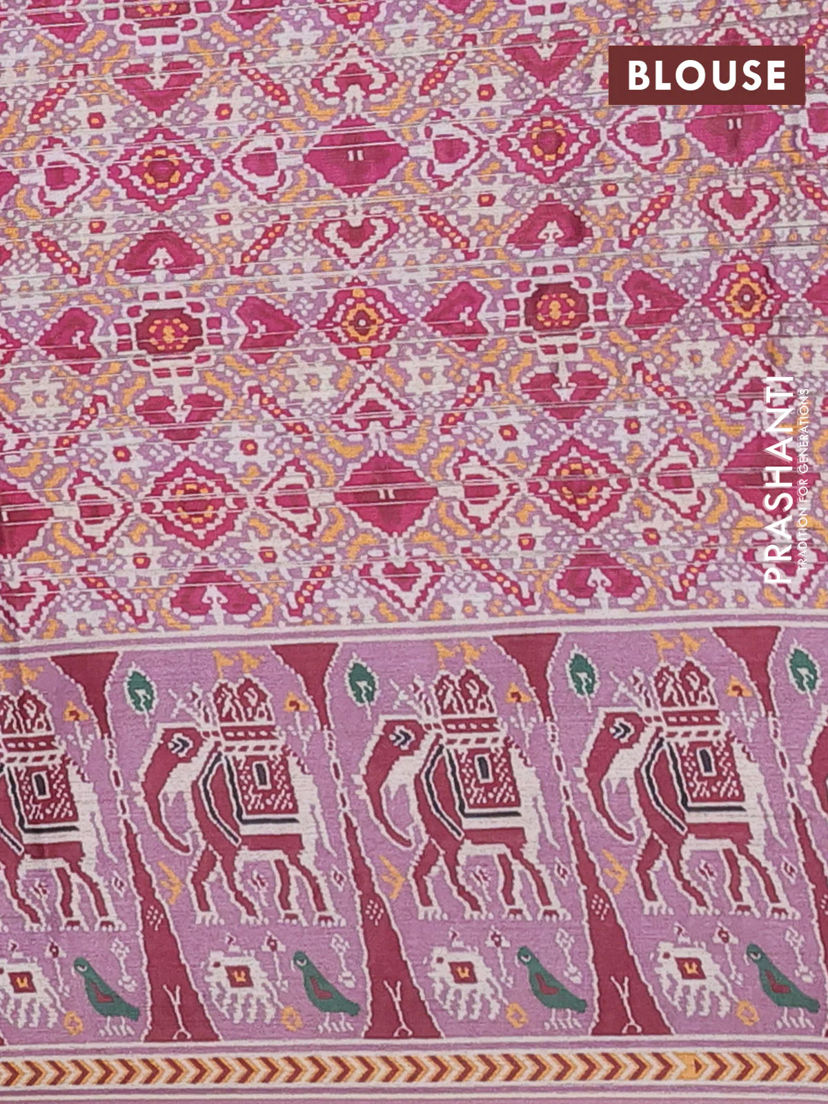 Semi tussar saree mauve pink with zari stripes pattern and patola printed border - Image 4