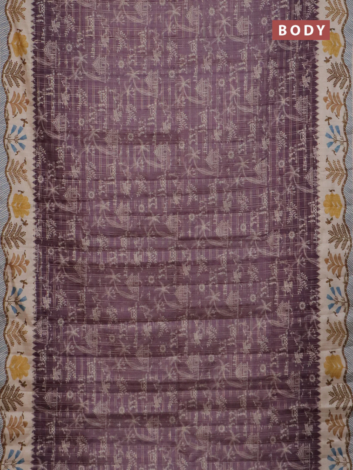 Semi tussar saree mauve pink and cream with allover zari checks & warli prints  and printed border - Image 2
