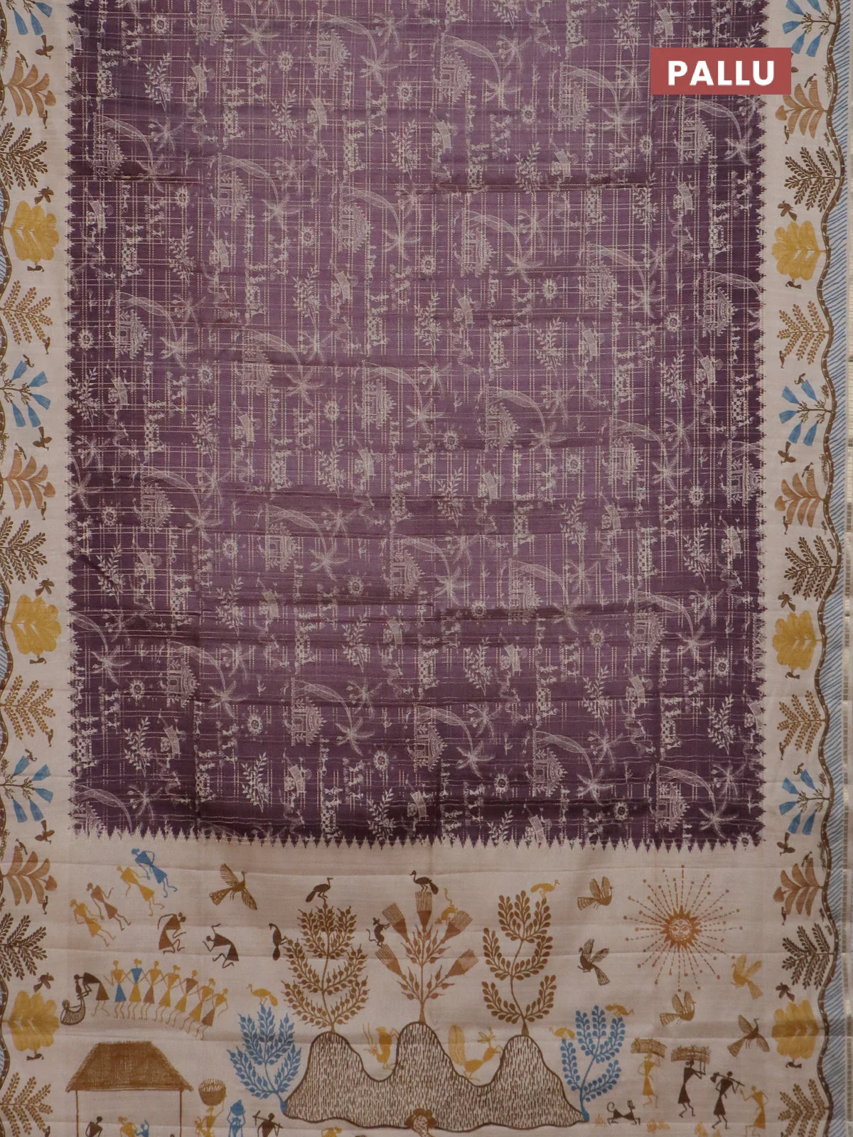 Semi tussar saree mauve pink and cream with allover zari checks & warli prints  and printed border - Image 3