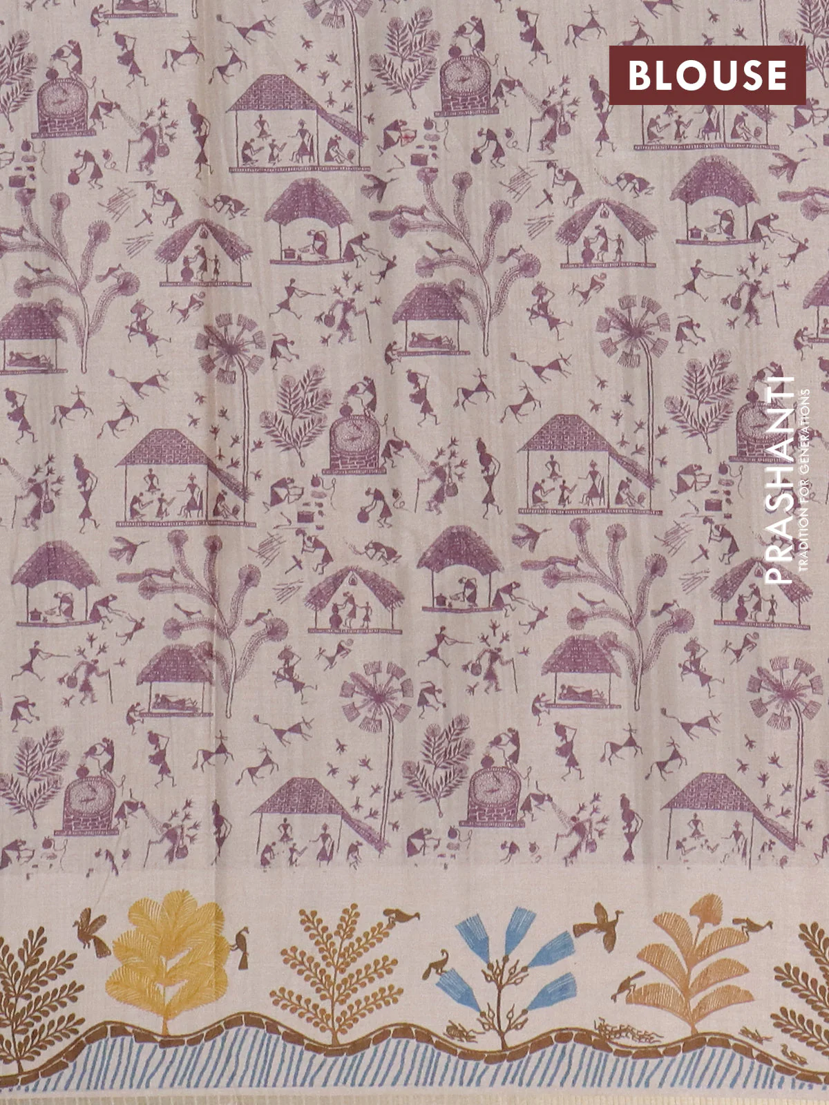 Semi tussar saree mauve pink and cream with allover zari checks & warli prints  and printed border - Image 4