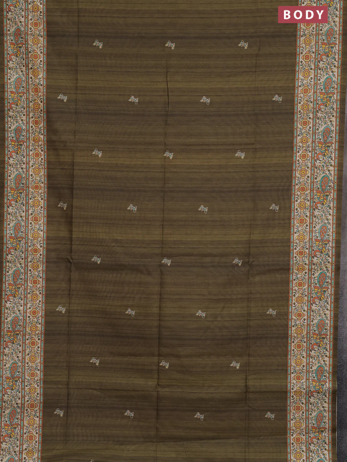 Semi tussar saree mehendi green and cream with butta prints and madhubani printed pallu & border - Image 2