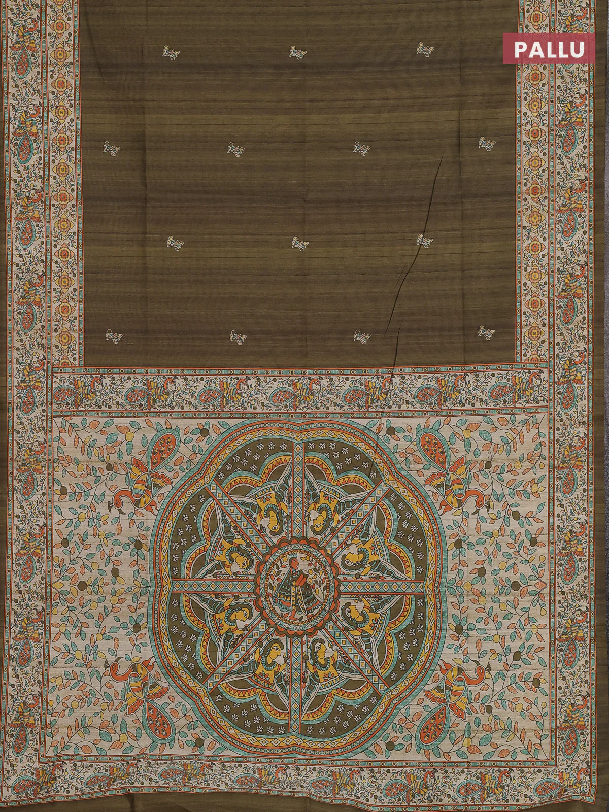 Semi tussar saree mehendi green and cream with butta prints and madhubani printed pallu & border - Image 3