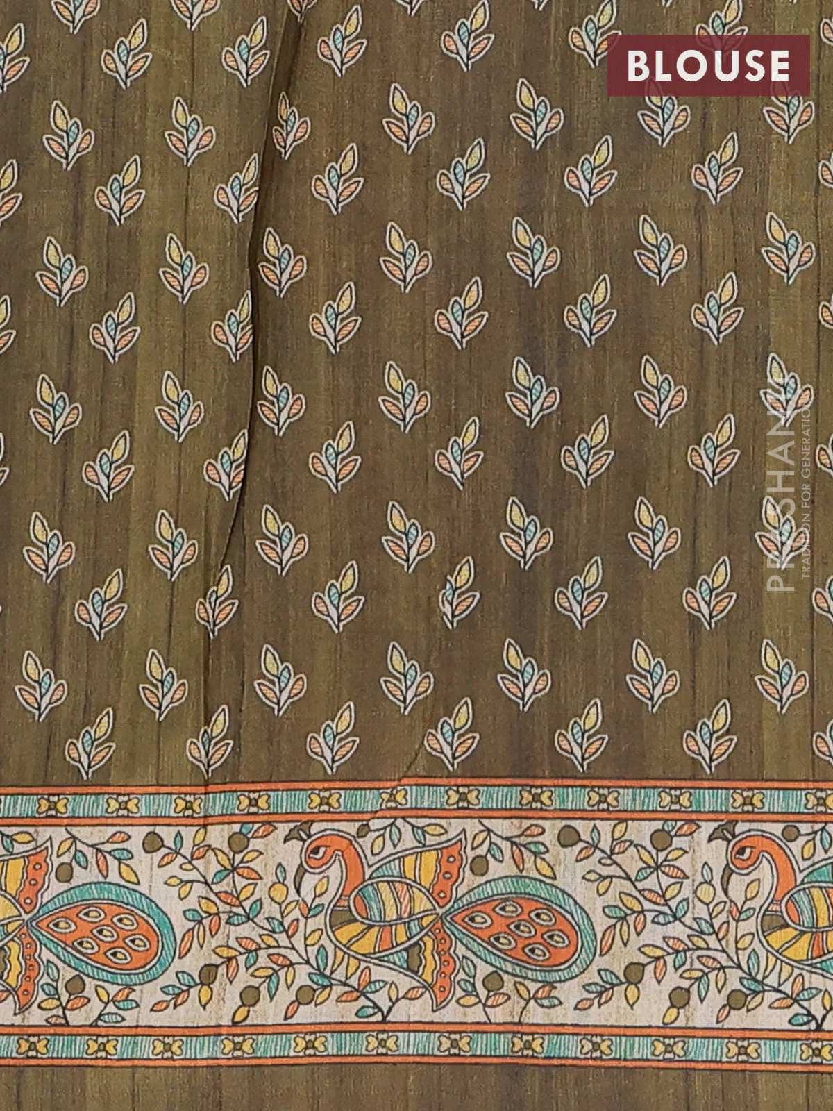 Semi tussar saree mehendi green and cream with butta prints and madhubani printed pallu & border - Image 4