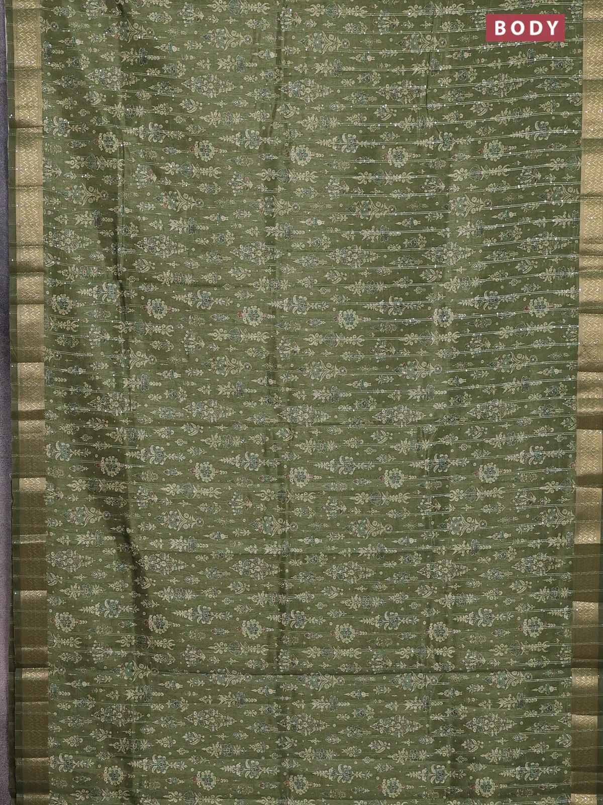 Semi tussar saree mehendi green with allover prints & sequin work and zari woven border - Image 2