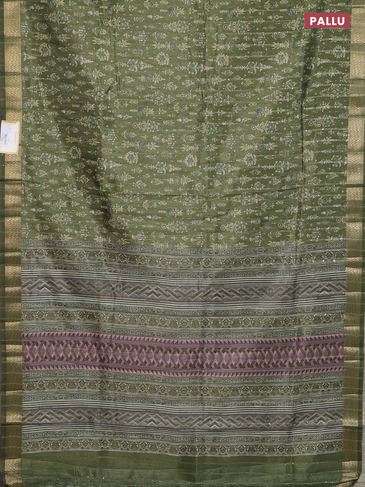 Semi tussar saree mehendi green with allover prints & sequin work and zari woven border - Image 3