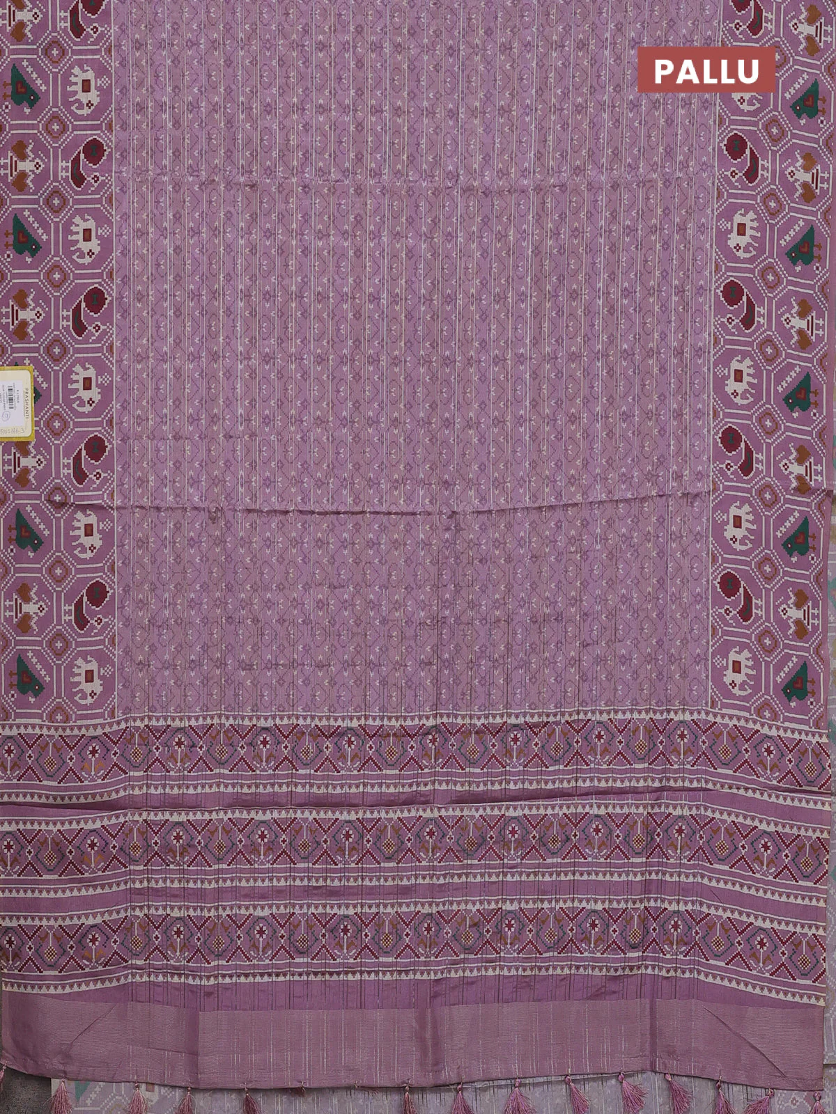 Semi tussar saree mild purple with zari stripes pattern and patola printed border - Image 3