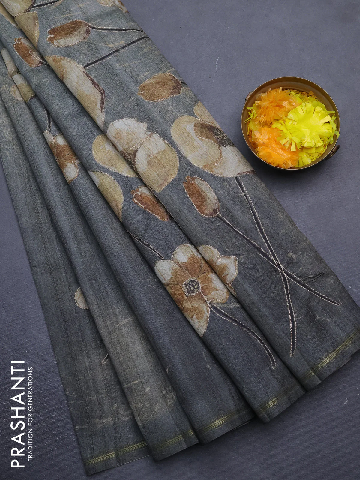 Semi tussar saree military green with floral prints and simple zari border - Image 2
