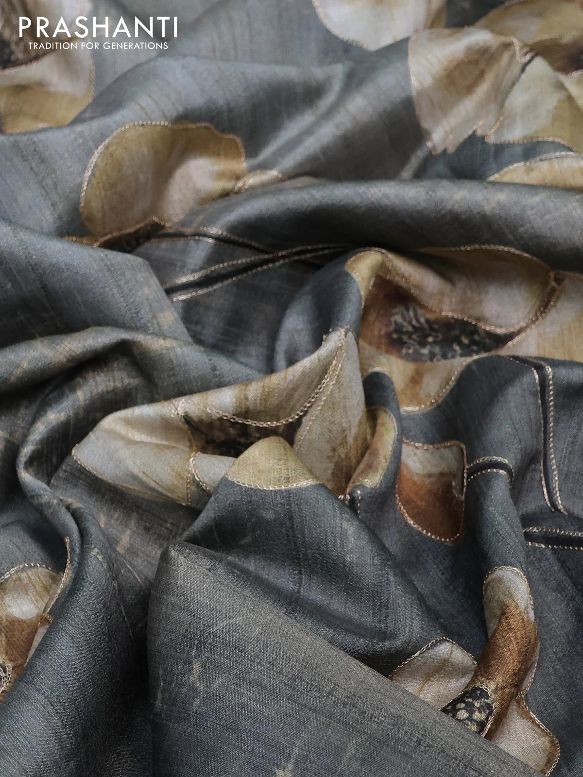Semi tussar saree military green with floral prints and simple zari border - Image 3