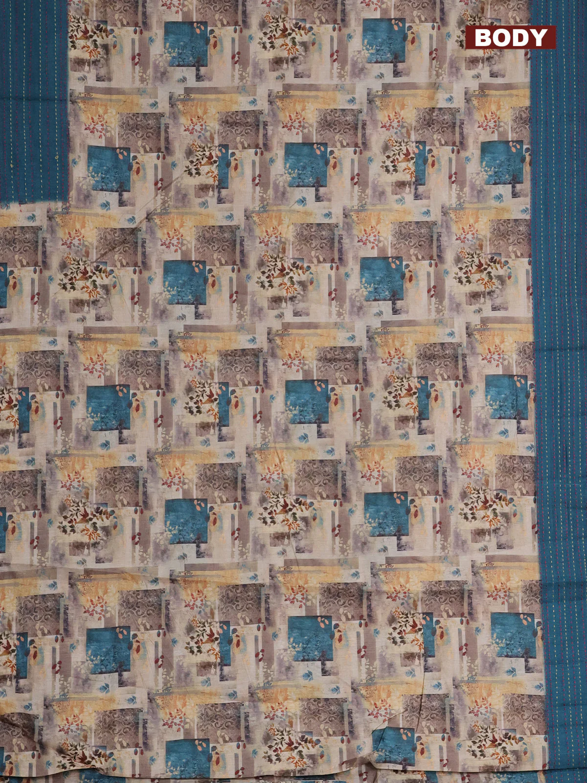 Semi tussar saree multi colour and peacock blue with allover prints and kantha stitich work border - Image 2