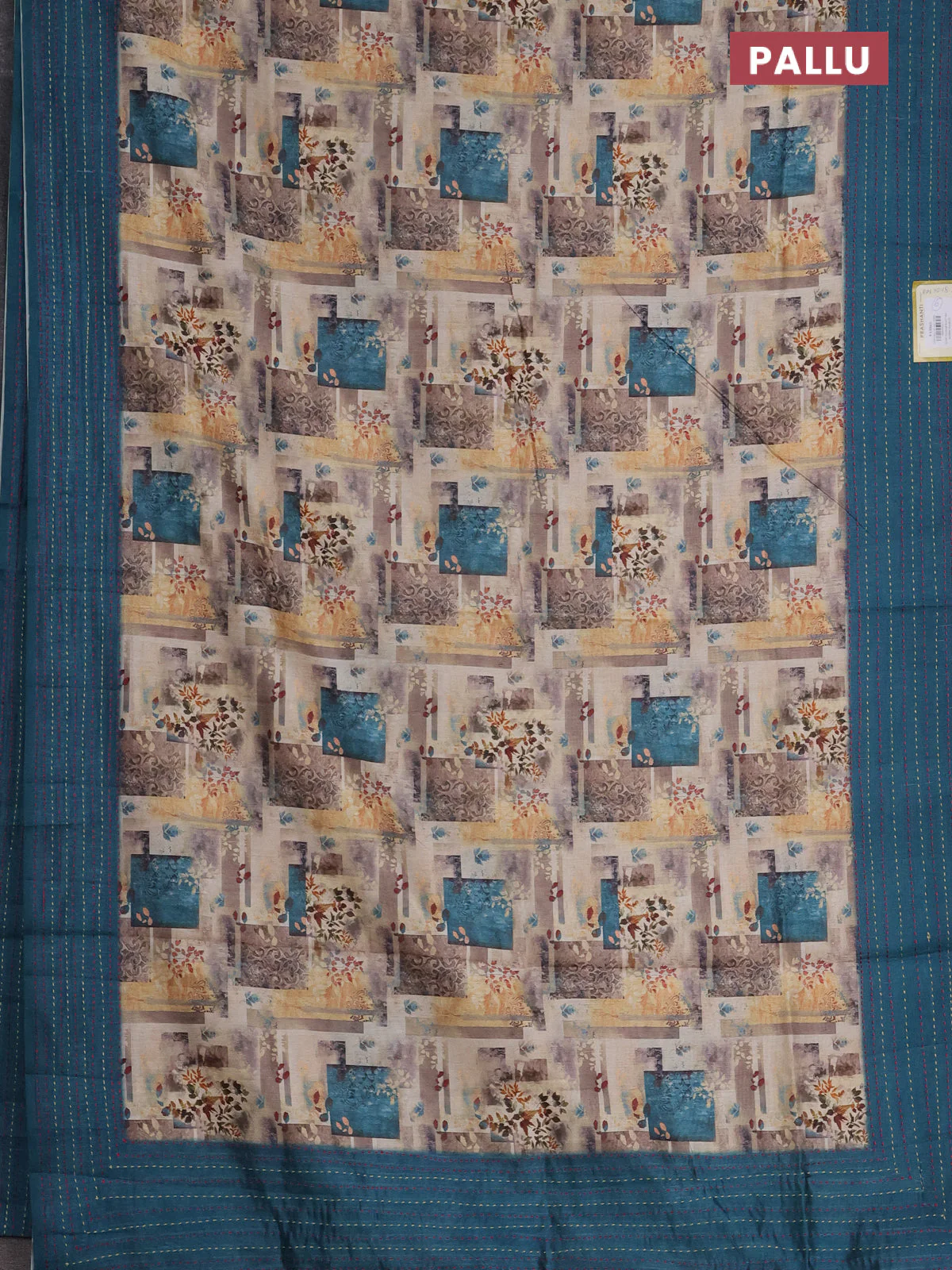 Semi tussar saree multi colour and peacock blue with allover prints and kantha stitich work border - Image 3