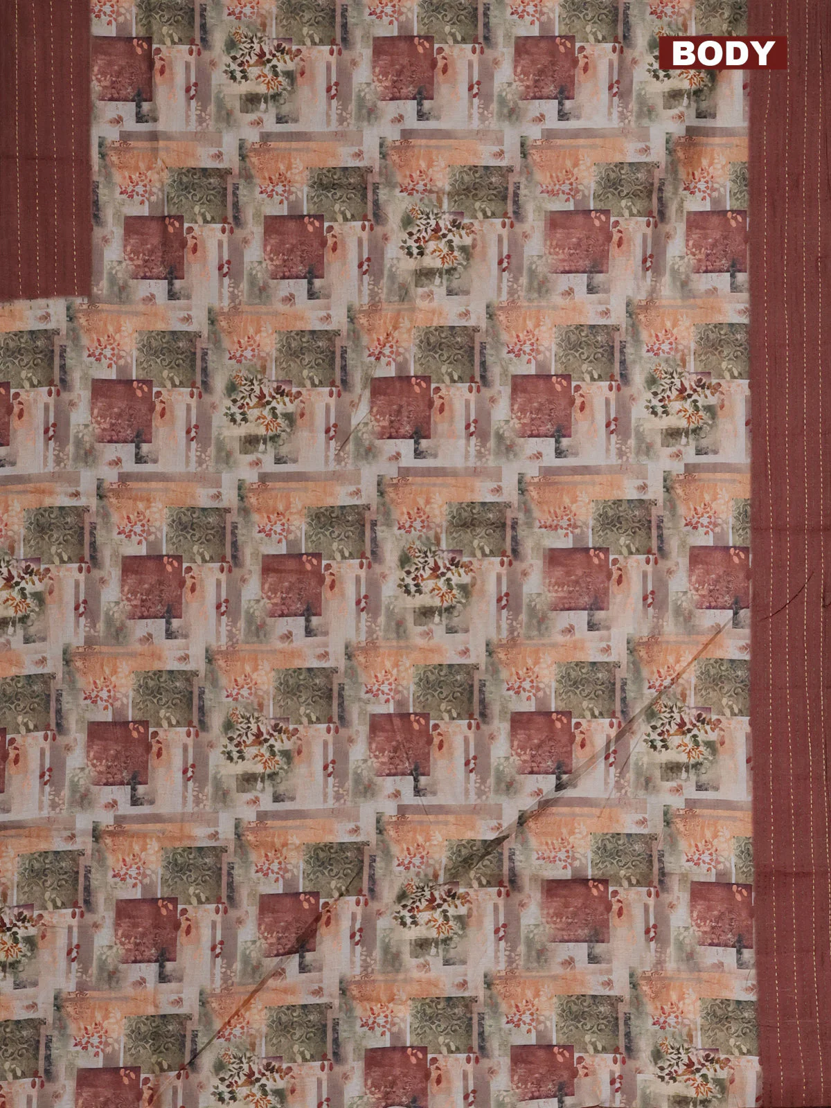 Semi tussar saree multi colour and rust shade with allover prints and kantha stitich work border - Image 2