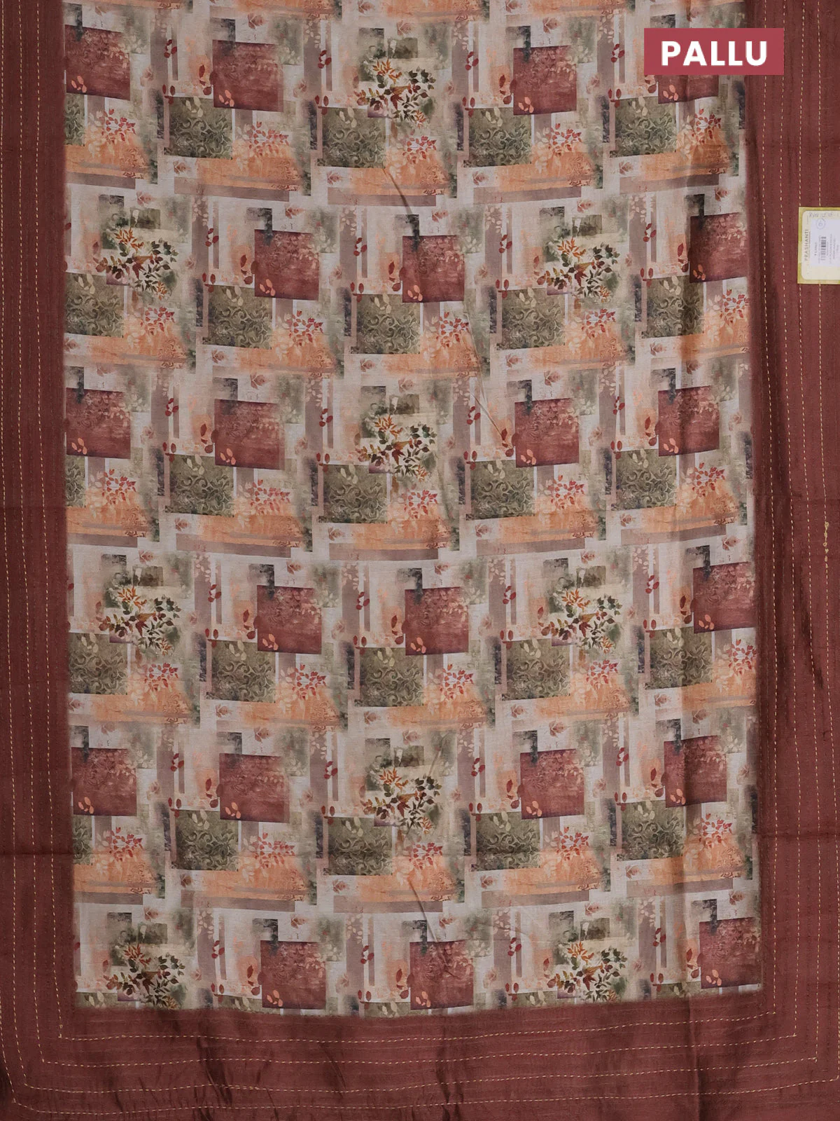 Semi tussar saree multi colour and rust shade with allover prints and kantha stitich work border - Image 3