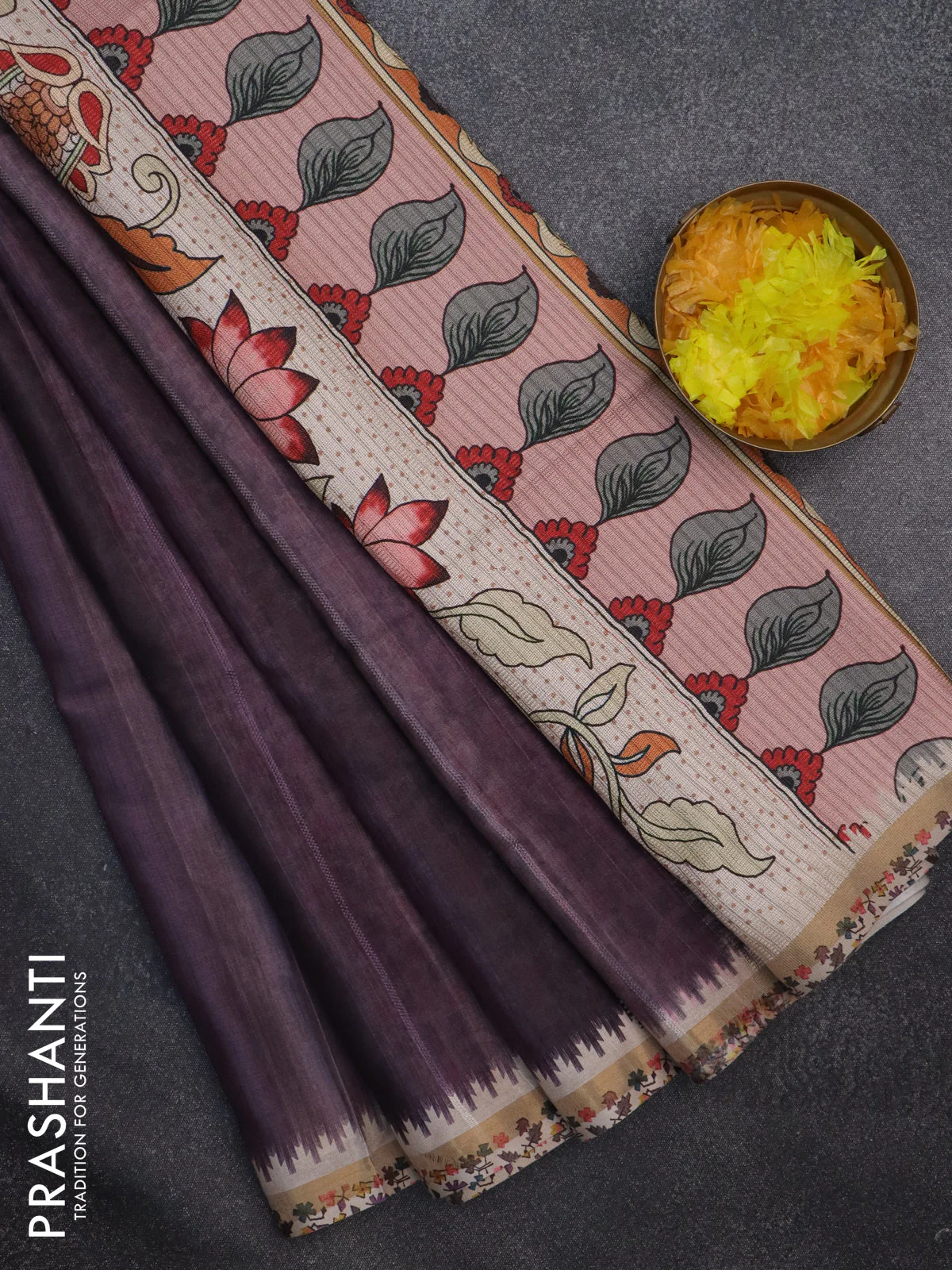 Semi tussar saree multi colour and wine shade beige with plain body and kalamkari printed pallu - Image 2