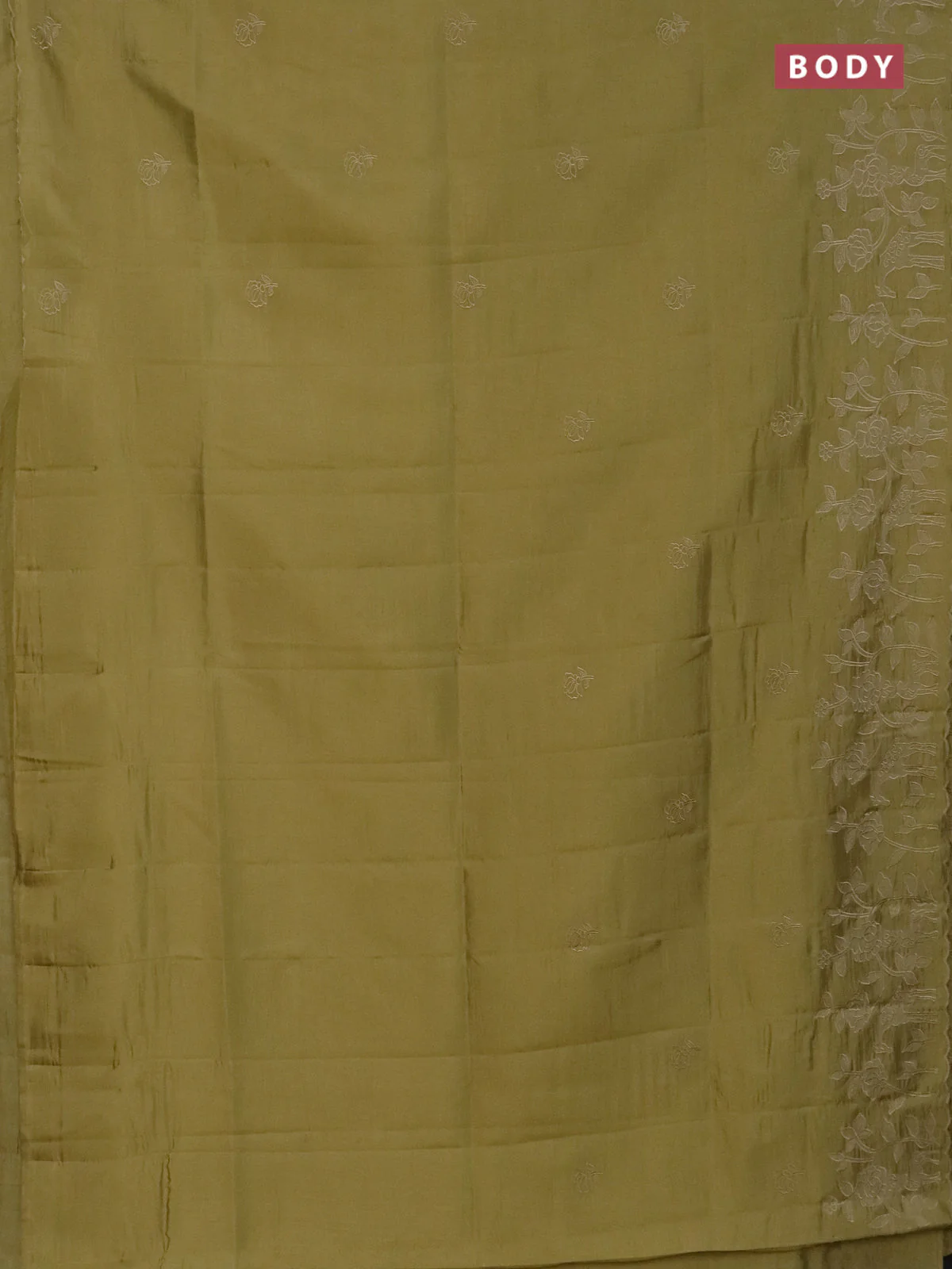 Semi tussar saree mustard shade with floral embroidery work and applique work border - Image 2