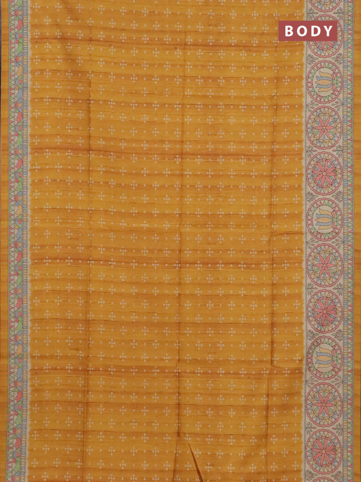 Semi tussar saree mustard yellow and beige with allover bandhani prints and madhubani printed pallu & border - Image 2