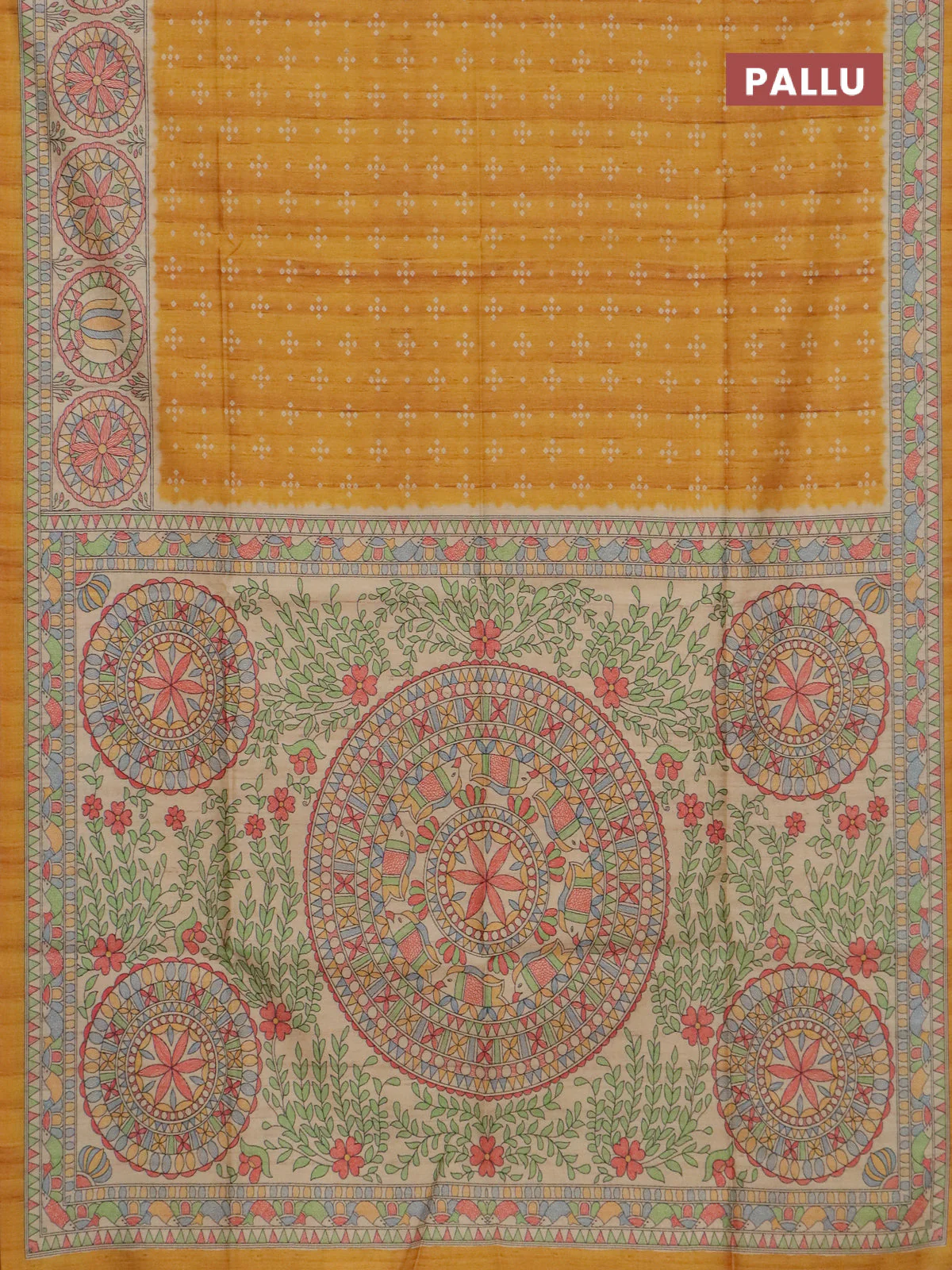 Semi tussar saree mustard yellow and beige with allover bandhani prints and madhubani printed pallu & border - Image 3