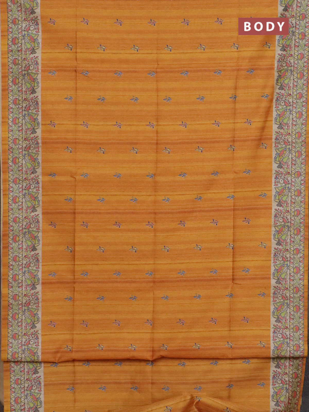 Semi tussar saree mustard yellow and beige with allover butta prints and madhubani printed pallu & border - Image 2
