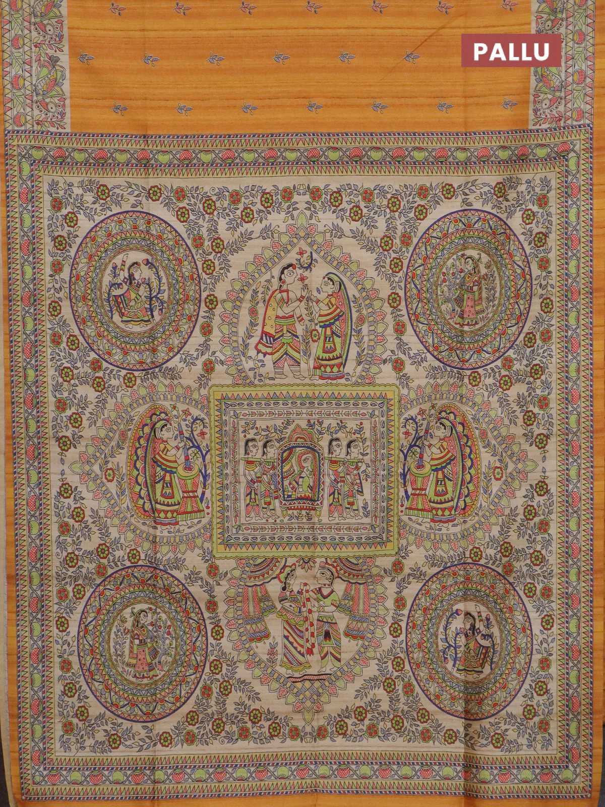 Semi tussar saree mustard yellow and beige with allover butta prints and madhubani printed pallu & border - Image 3