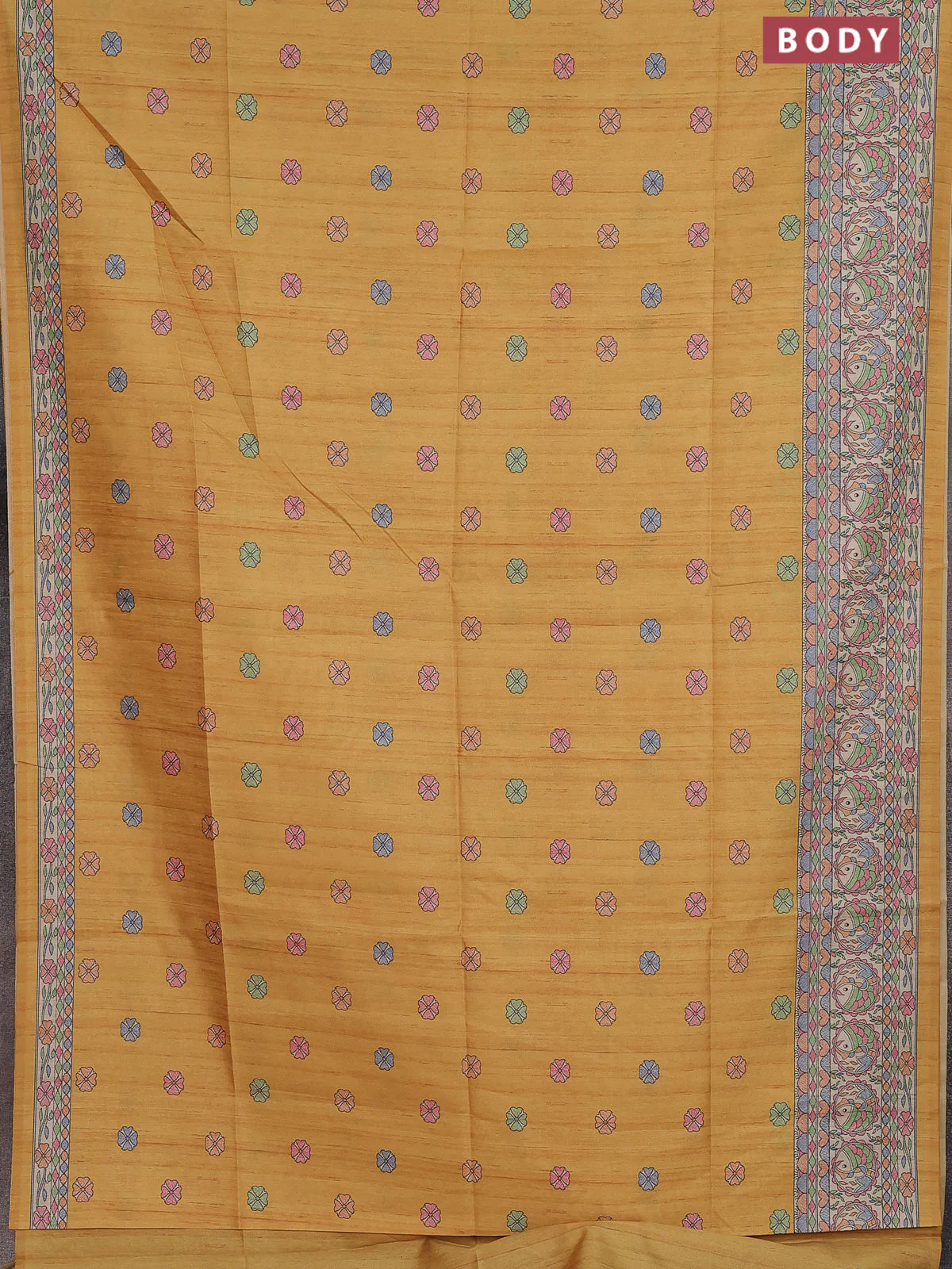 Semi tussar saree mustard yellow and beige with allover butta prints and madhubani printed pallu & border - Image 2