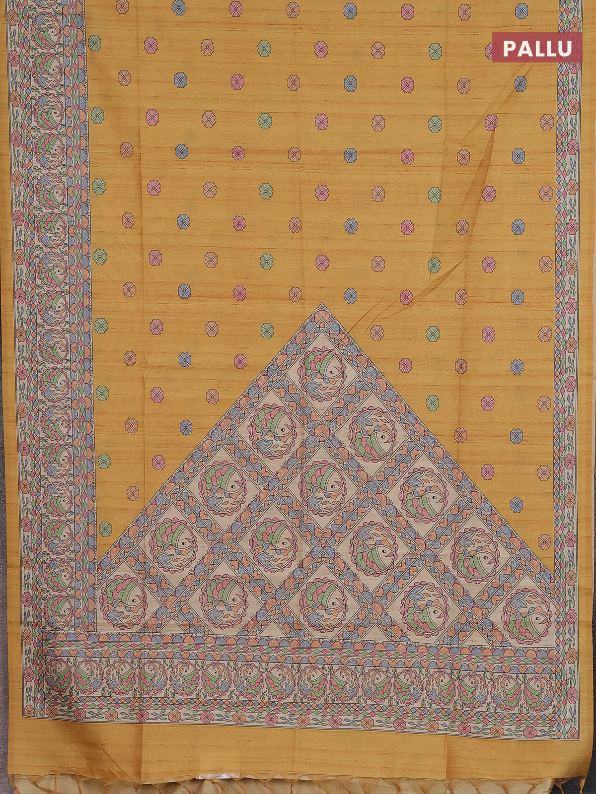 Semi tussar saree mustard yellow and beige with allover butta prints and madhubani printed pallu & border - Image 3
