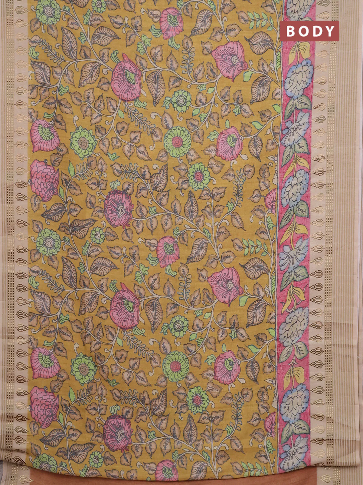 Semi tussar saree mustard yellow and beige with allover kalamkari prints and zari woven border - Image 2