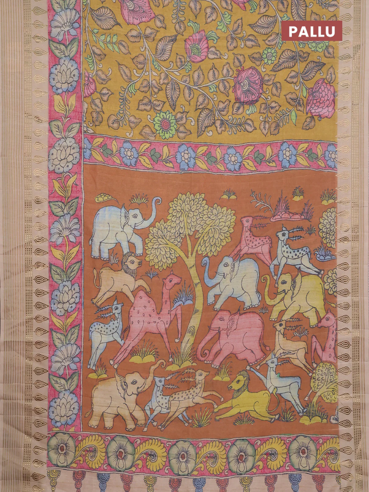 Semi tussar saree mustard yellow and beige with allover kalamkari prints and zari woven border - Image 3