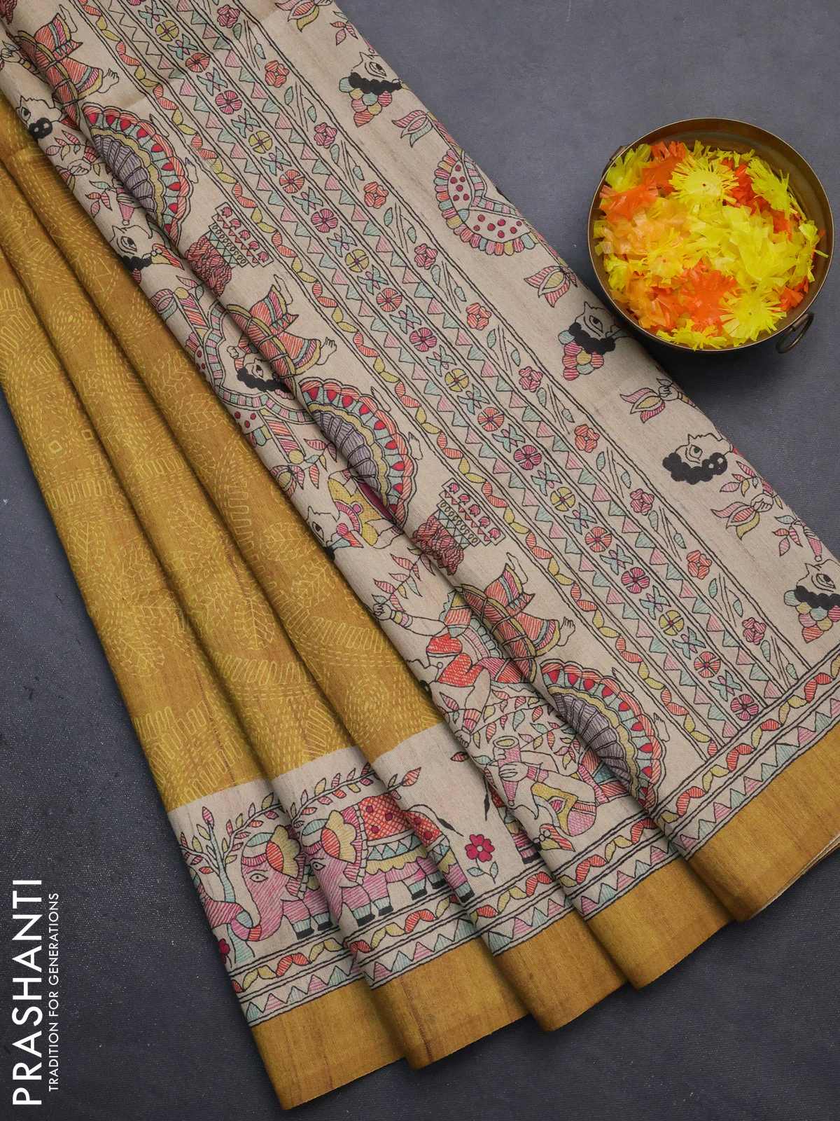 Semi tussar saree mustard yellow and beige with allover prints and mandhubani printed pallu