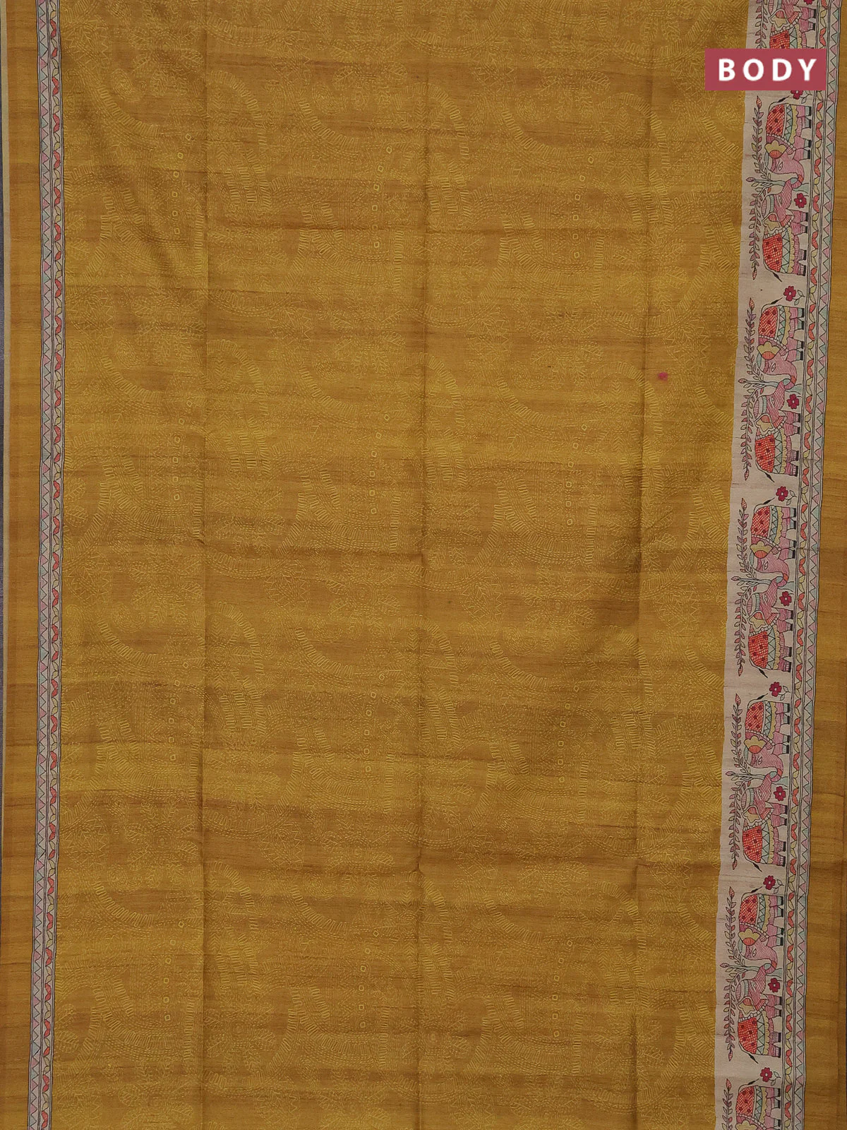 Semi tussar saree mustard yellow and beige with allover prints and mandhubani printed pallu - Image 2