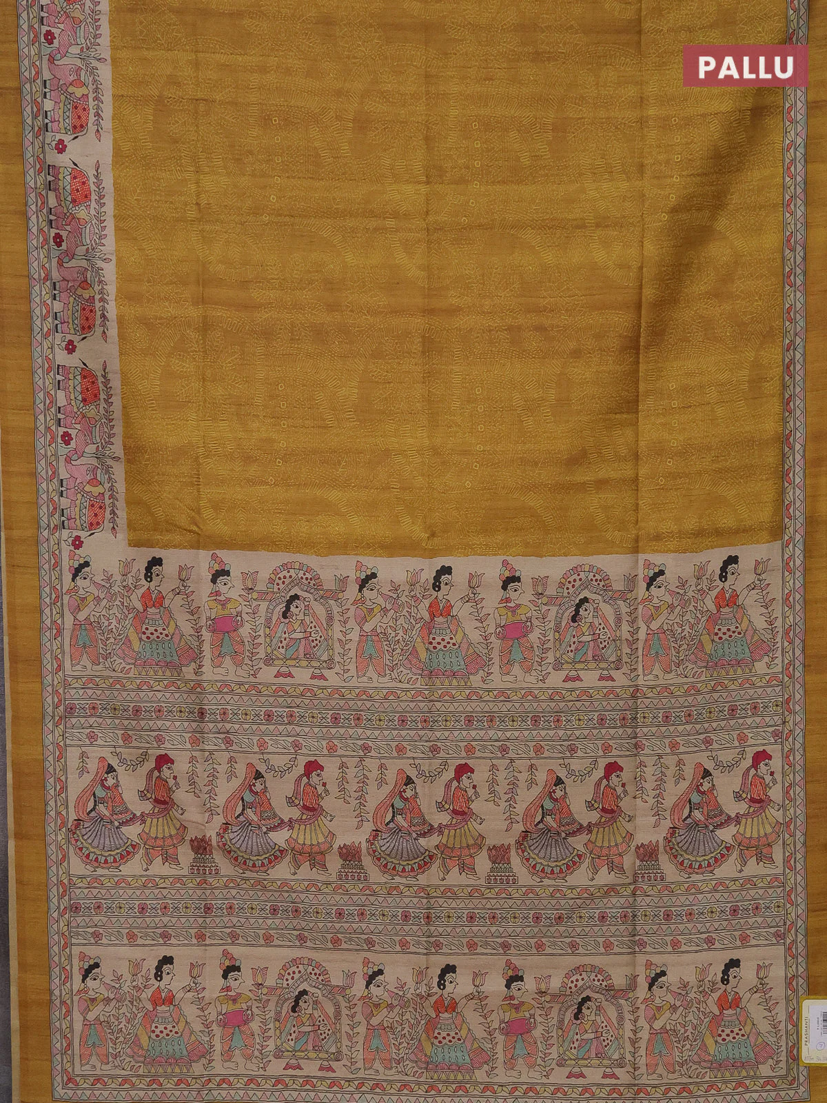 Semi tussar saree mustard yellow and beige with allover prints and mandhubani printed pallu - Image 3