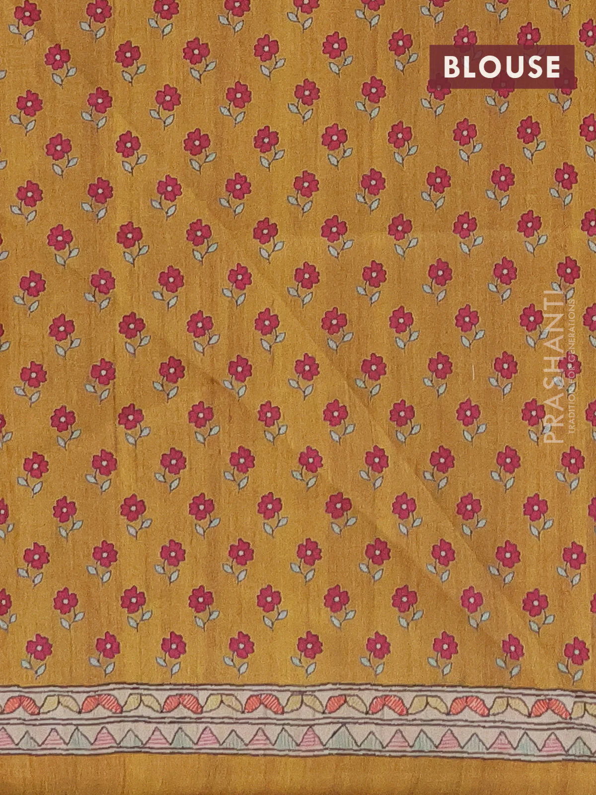 Semi tussar saree mustard yellow and beige with allover prints and mandhubani printed pallu - Image 4