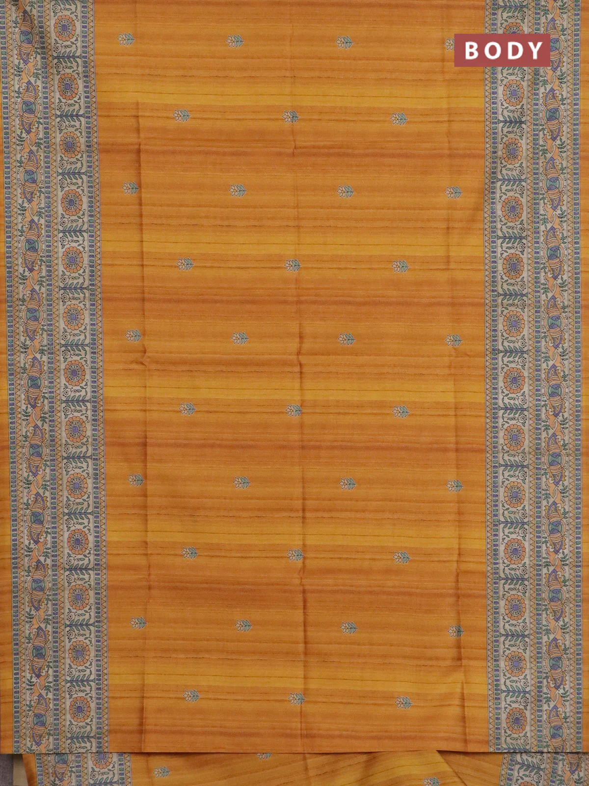 Semi tussar saree mustard yellow and beige with butta prints and madhubani printed pallu & border - Image 2