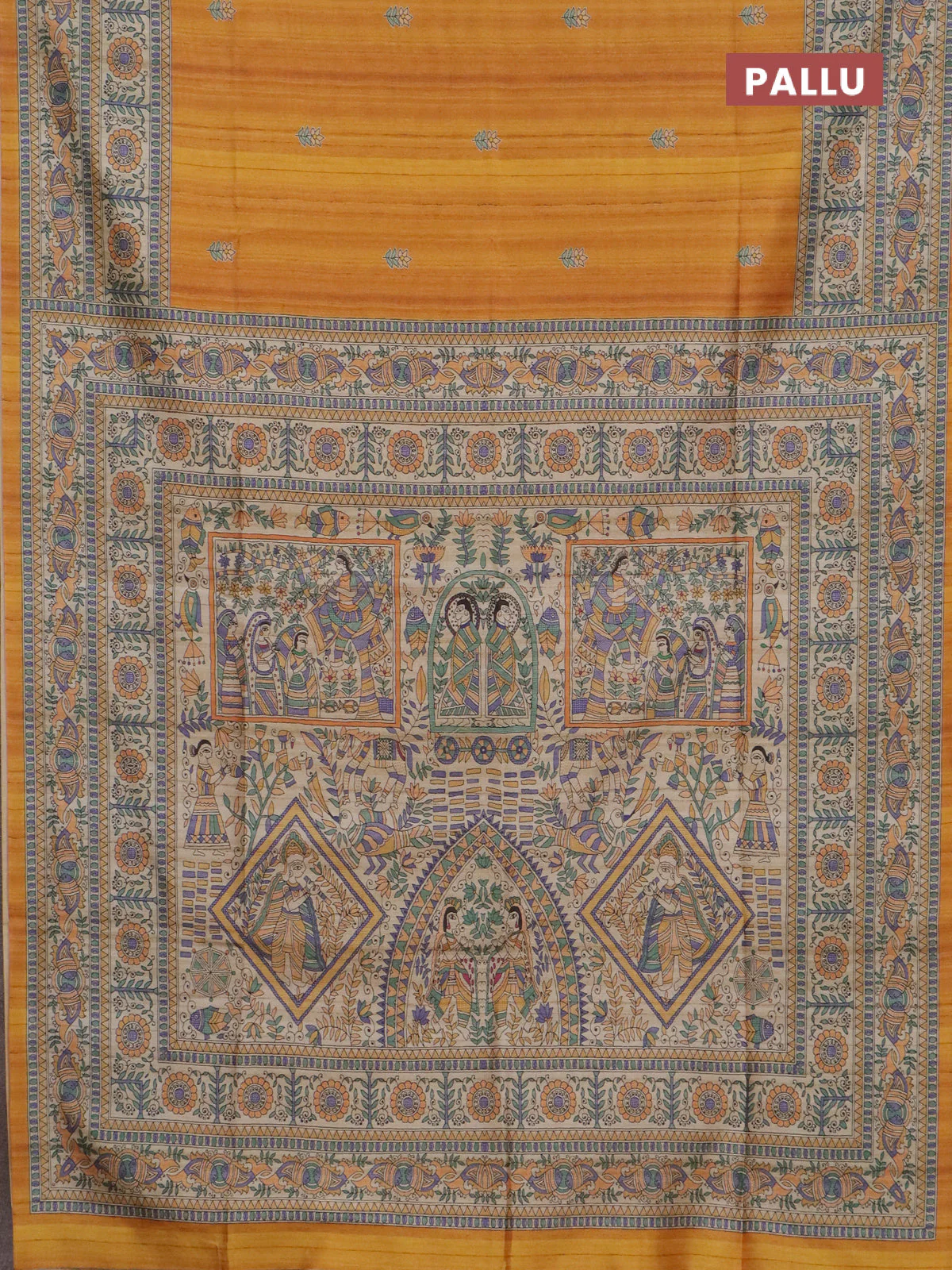 Semi tussar saree mustard yellow and beige with butta prints and madhubani printed pallu & border - Image 3