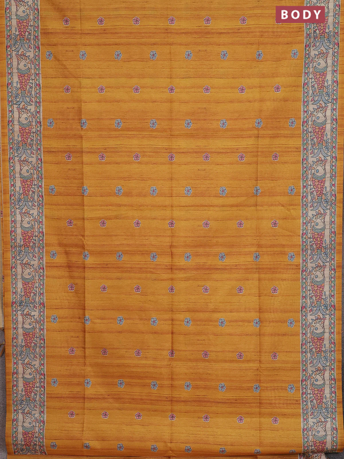 Semi tussar saree mustard yellow and beige with butta prints and madhubani printed pallu & border - Image 2