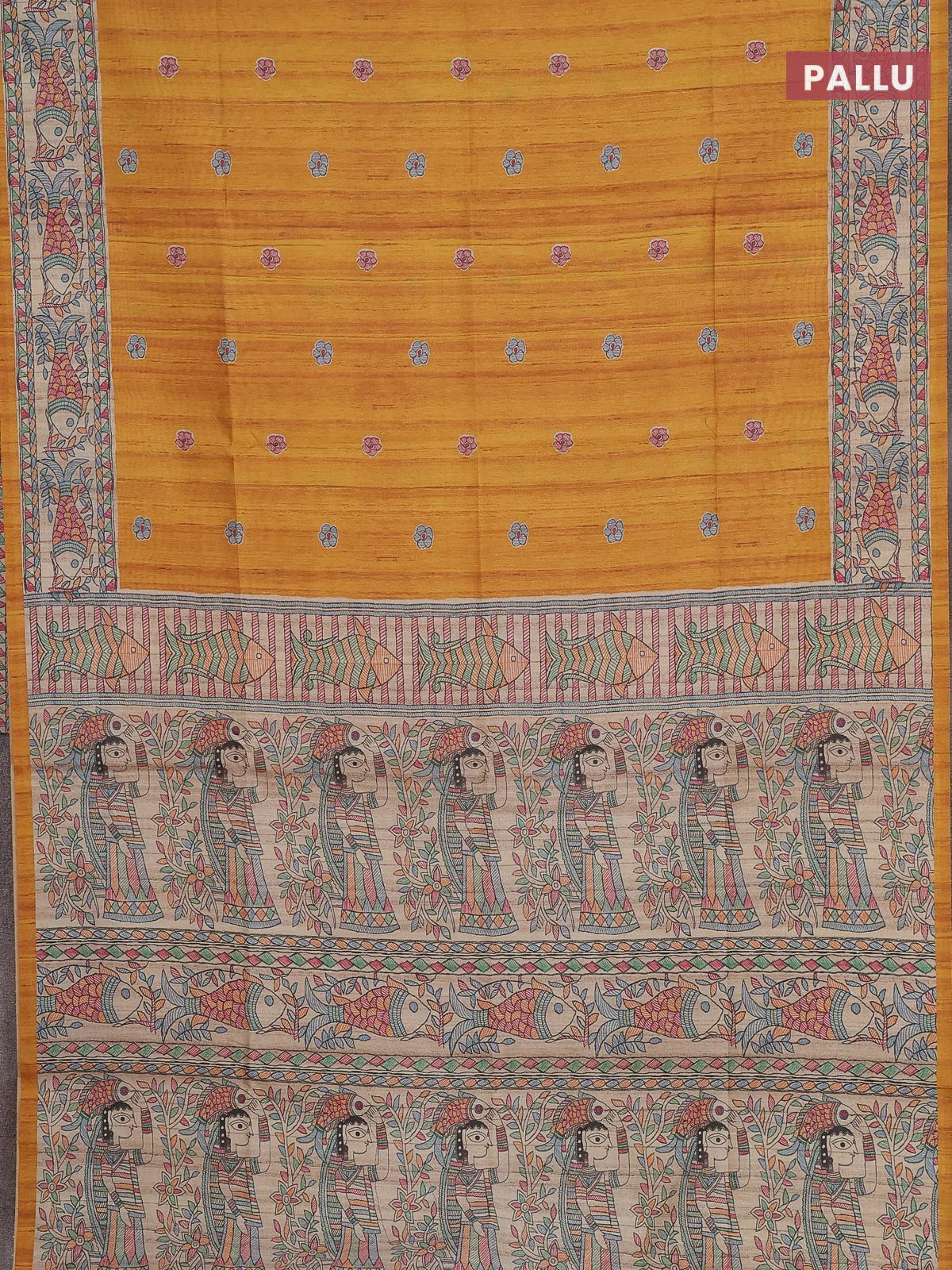 Semi tussar saree mustard yellow and beige with butta prints and madhubani printed pallu & border - Image 3