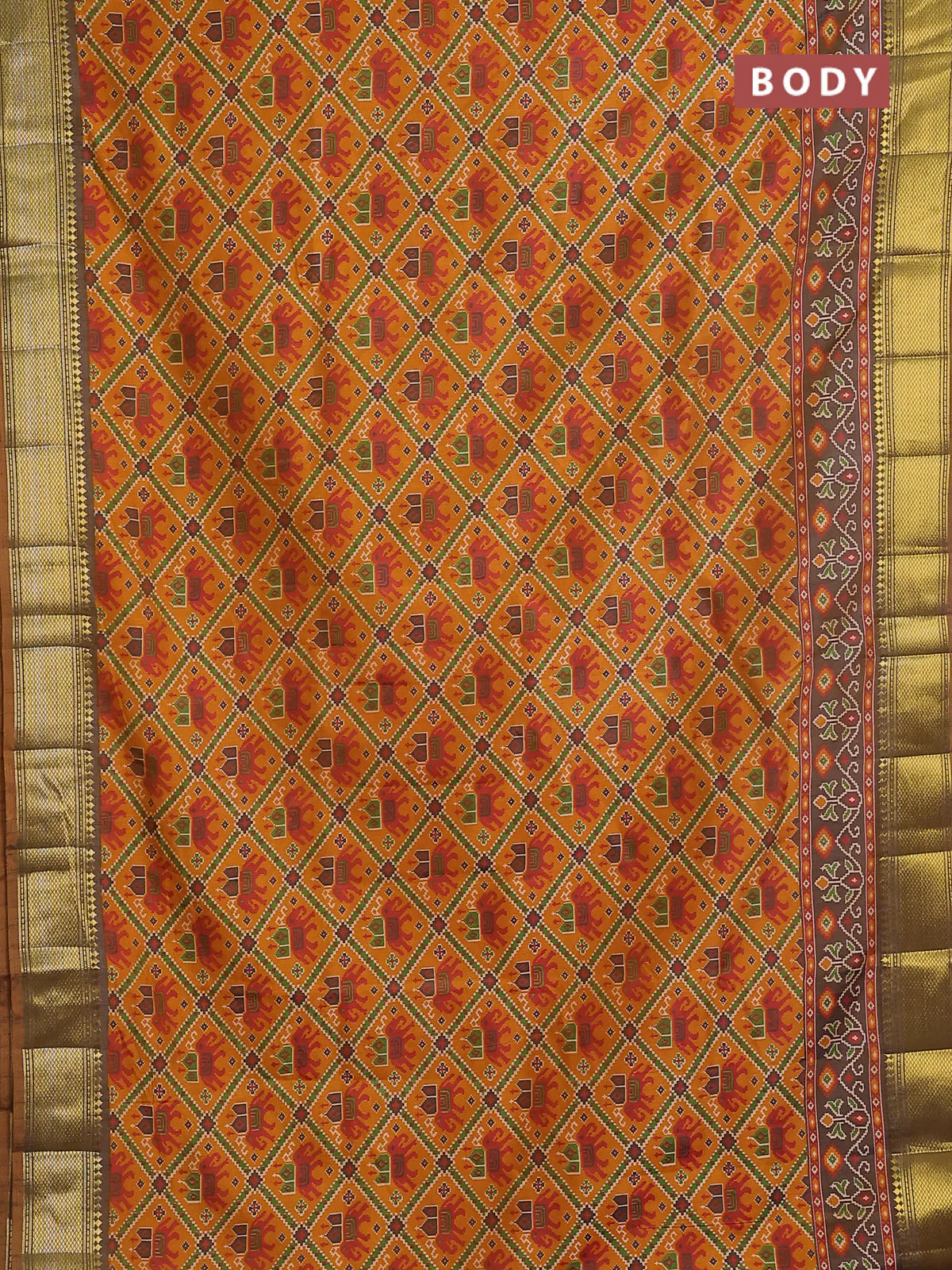 Semi tussar saree mustard yellow and brown shade with allover ikat prints and zari woven border - Image 2