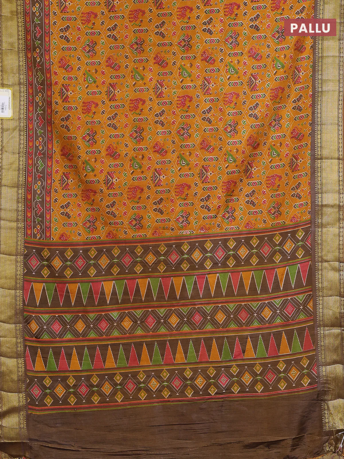 Semi tussar saree mustard yellow and brown with allover ikat prints and zari woven border - Image 3