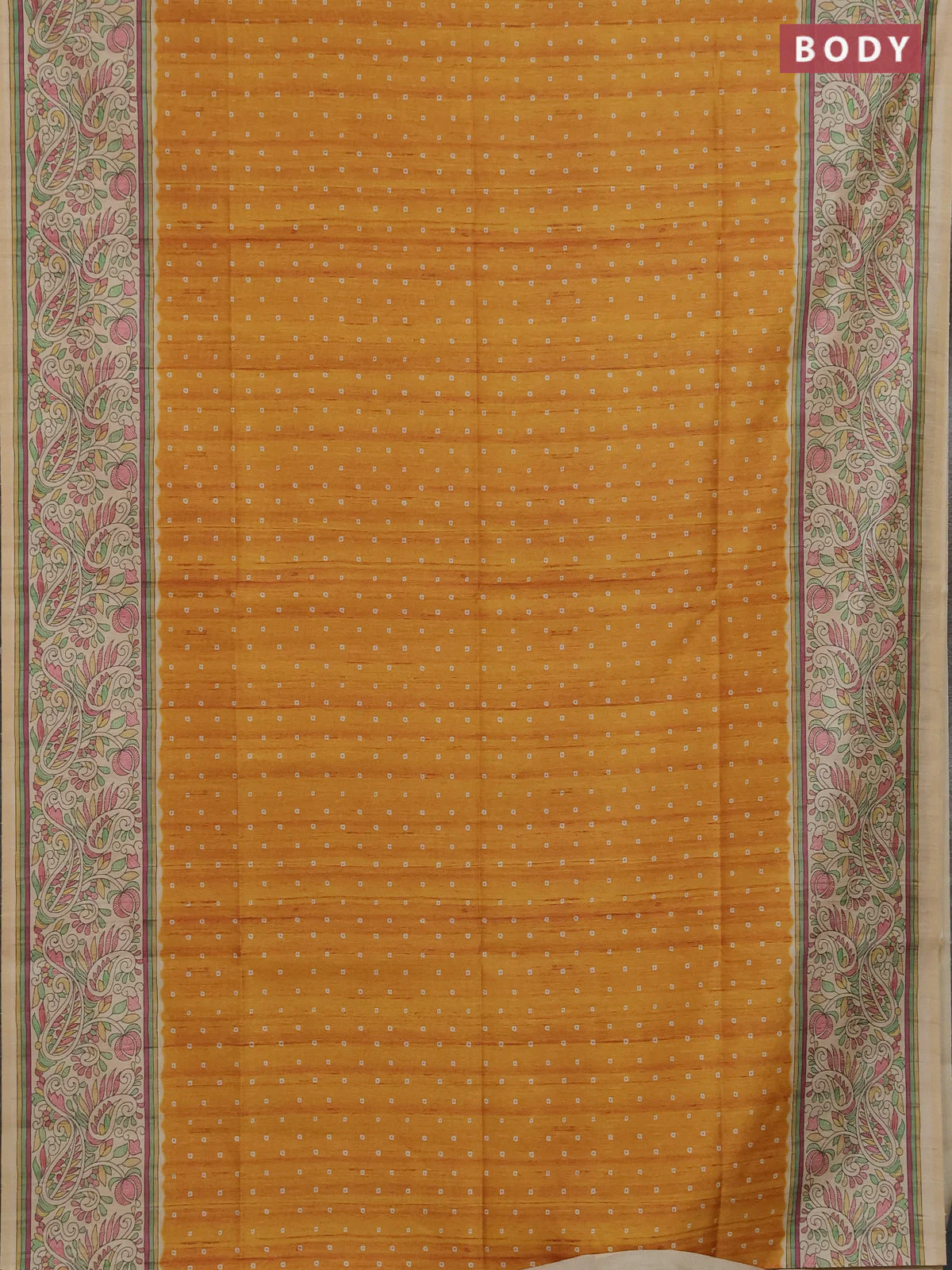 Semi tussar saree mustard yellow and cream with allover bandhani prints and madhubani printed pallu & border - Image 2