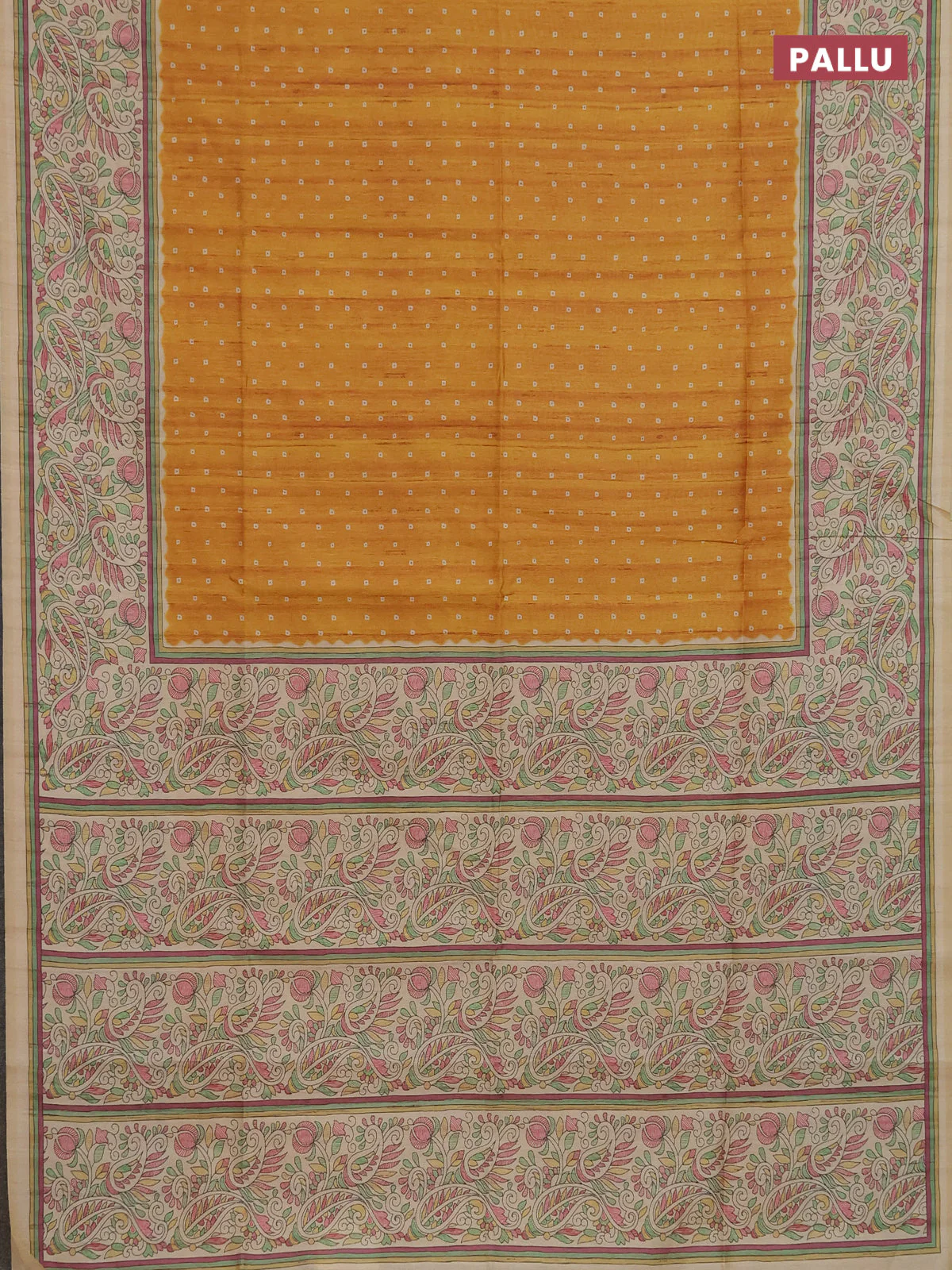 Semi tussar saree mustard yellow and cream with allover bandhani prints and madhubani printed pallu & border - Image 3