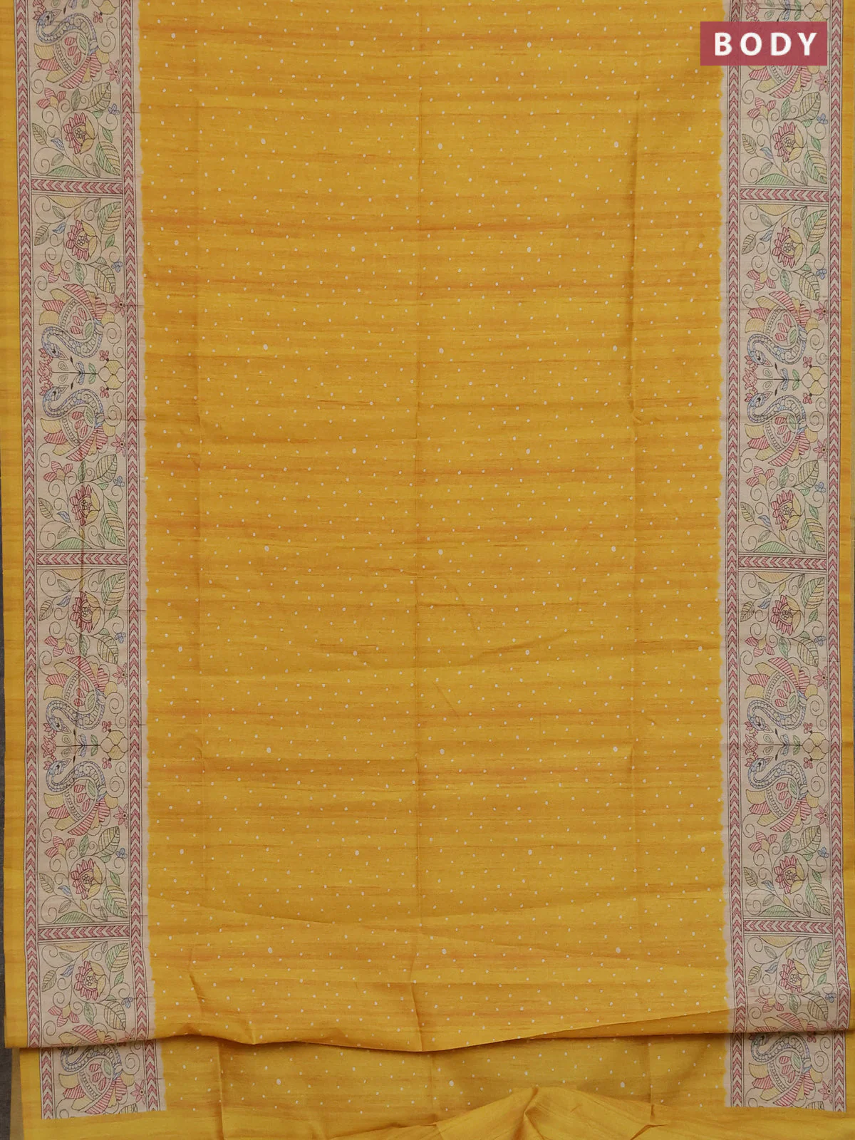 Semi tussar saree mustard yellow and cream with allover butta prints and madhubani printed pallu & border - Image 2