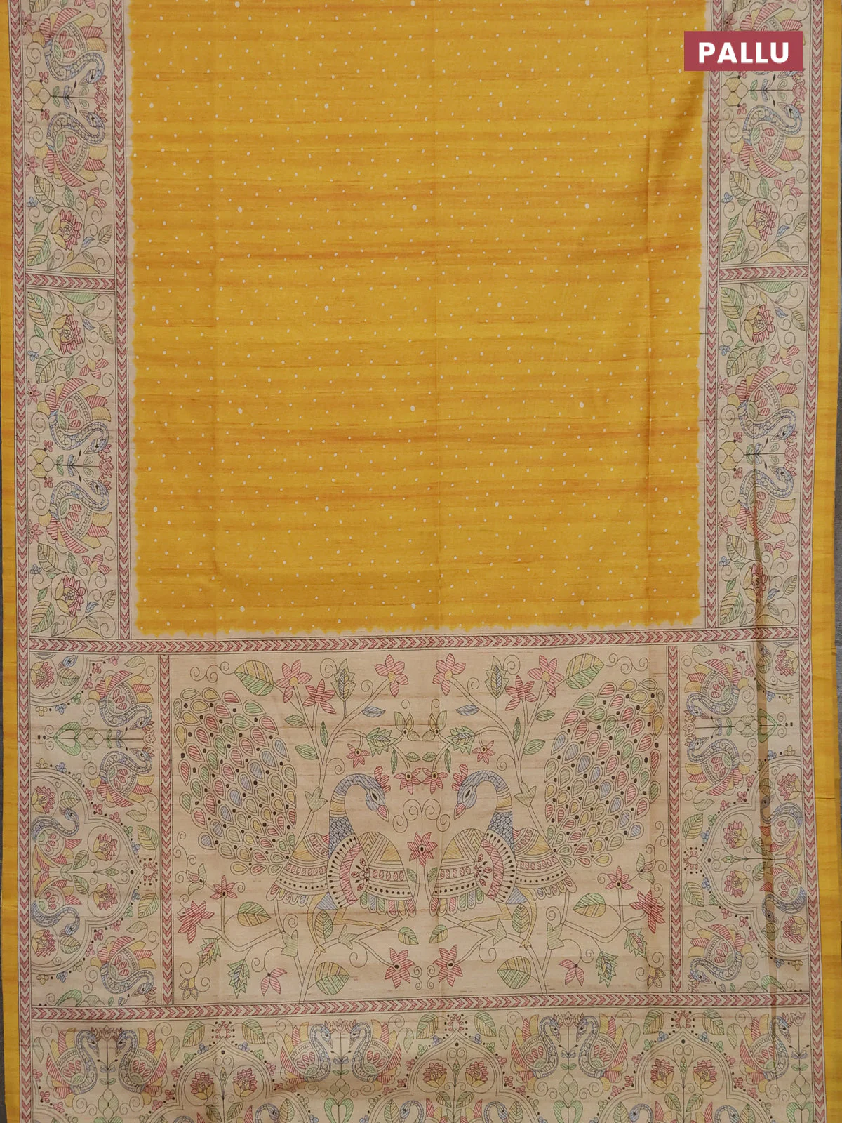Semi tussar saree mustard yellow and cream with allover butta prints and madhubani printed pallu & border - Image 3