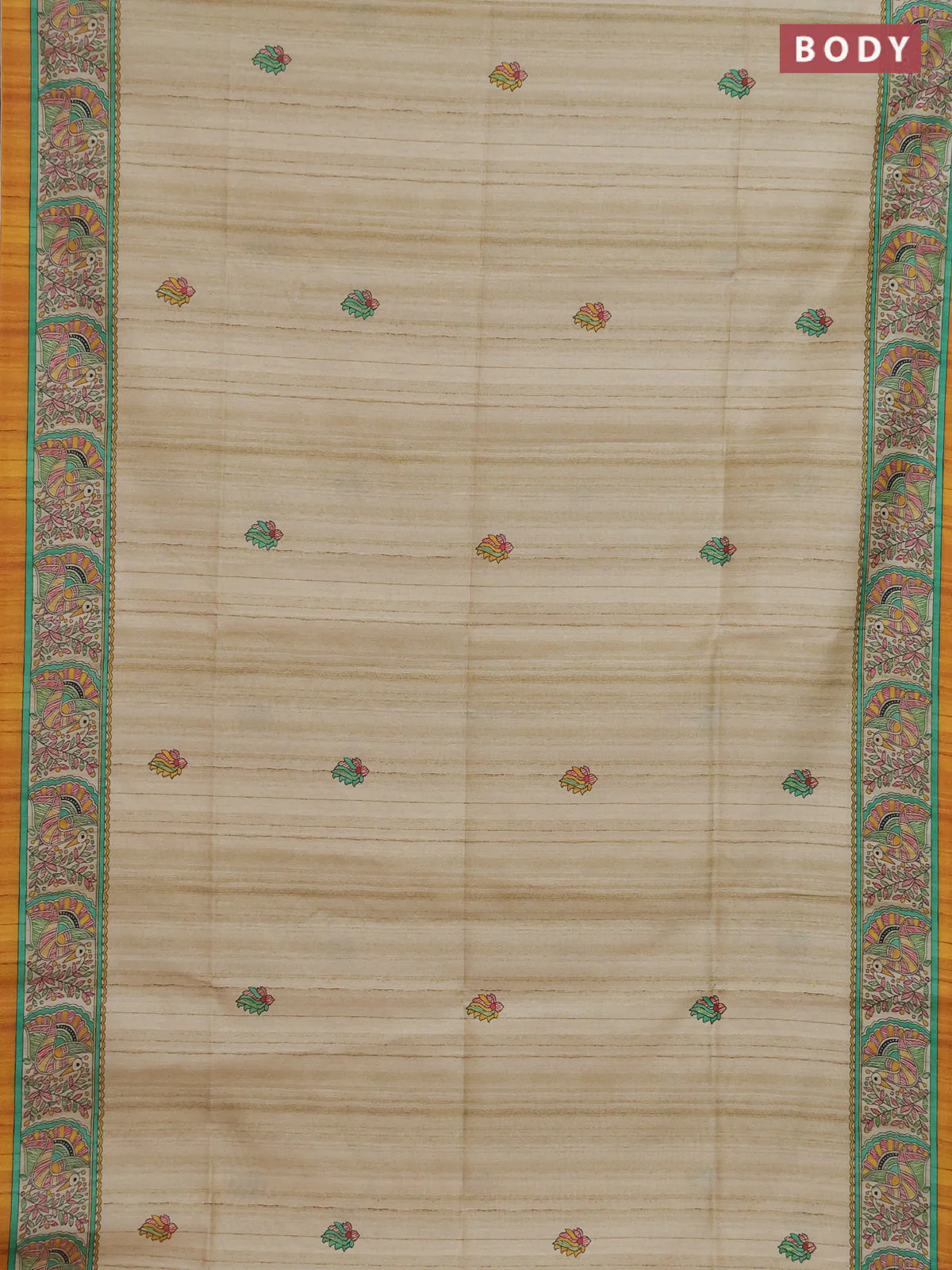 Semi tussar saree mustard yellow and cream with allover butta prints and madhubani printed pallu & border - Image 2