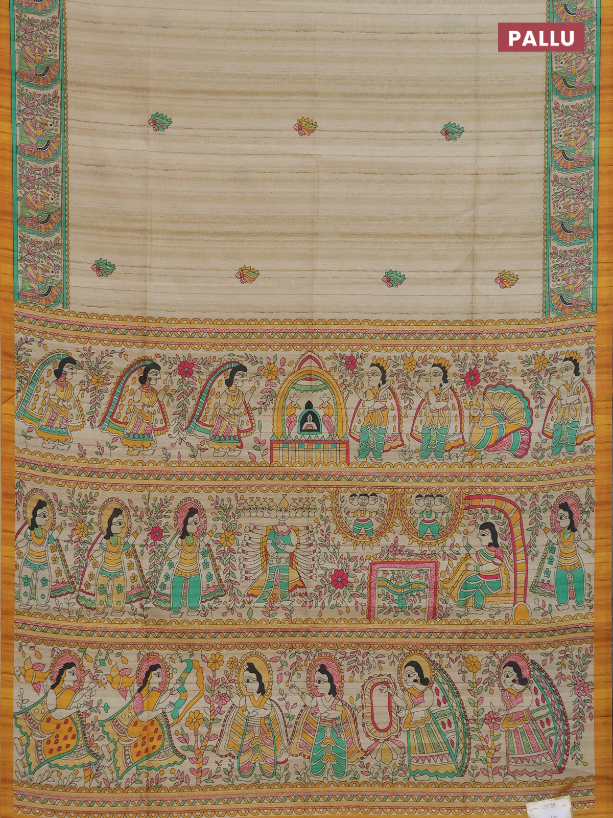 Semi tussar saree mustard yellow and cream with allover butta prints and madhubani printed pallu & border - Image 3