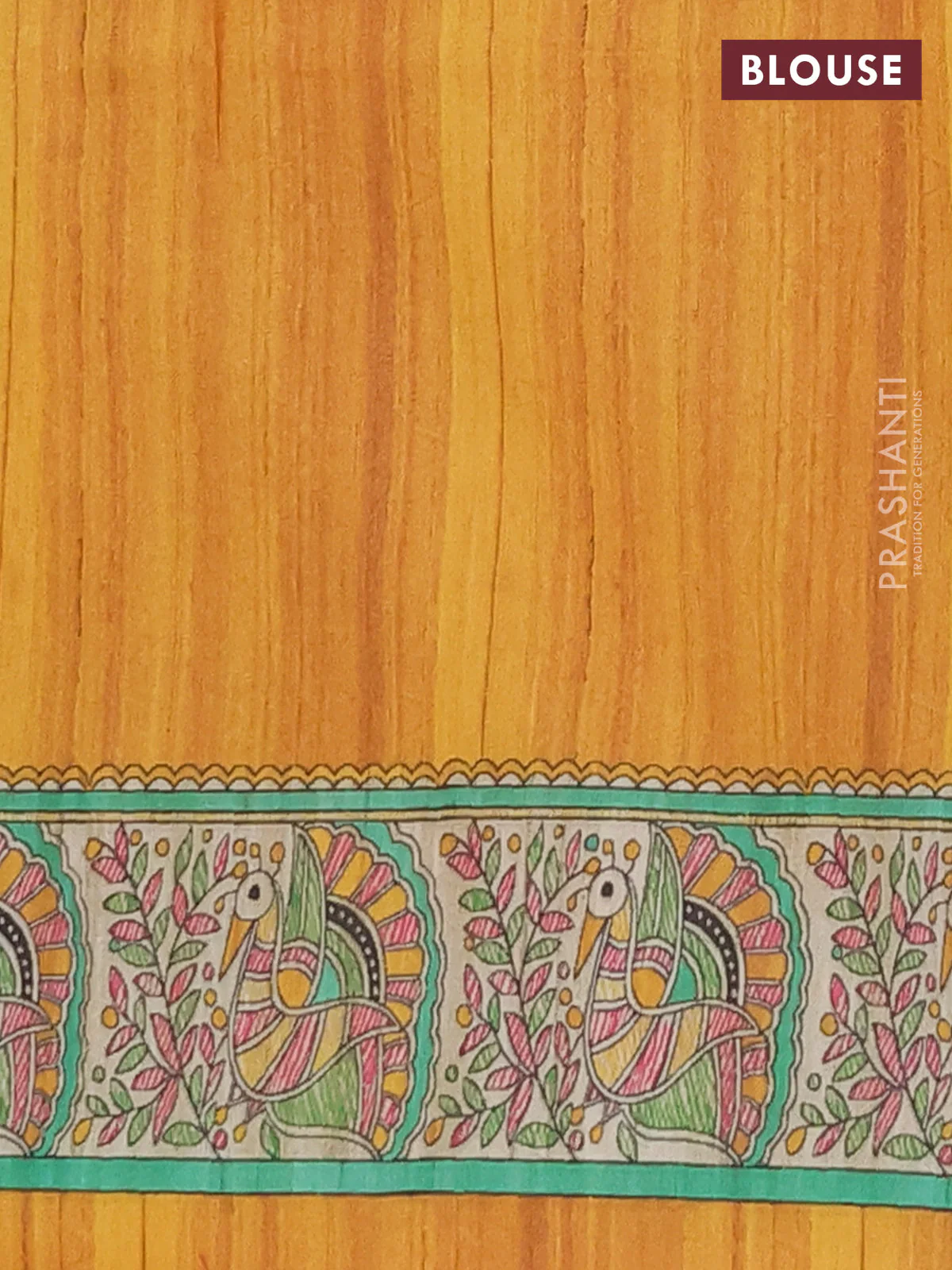 Semi tussar saree mustard yellow and cream with allover butta prints and madhubani printed pallu & border - Image 4
