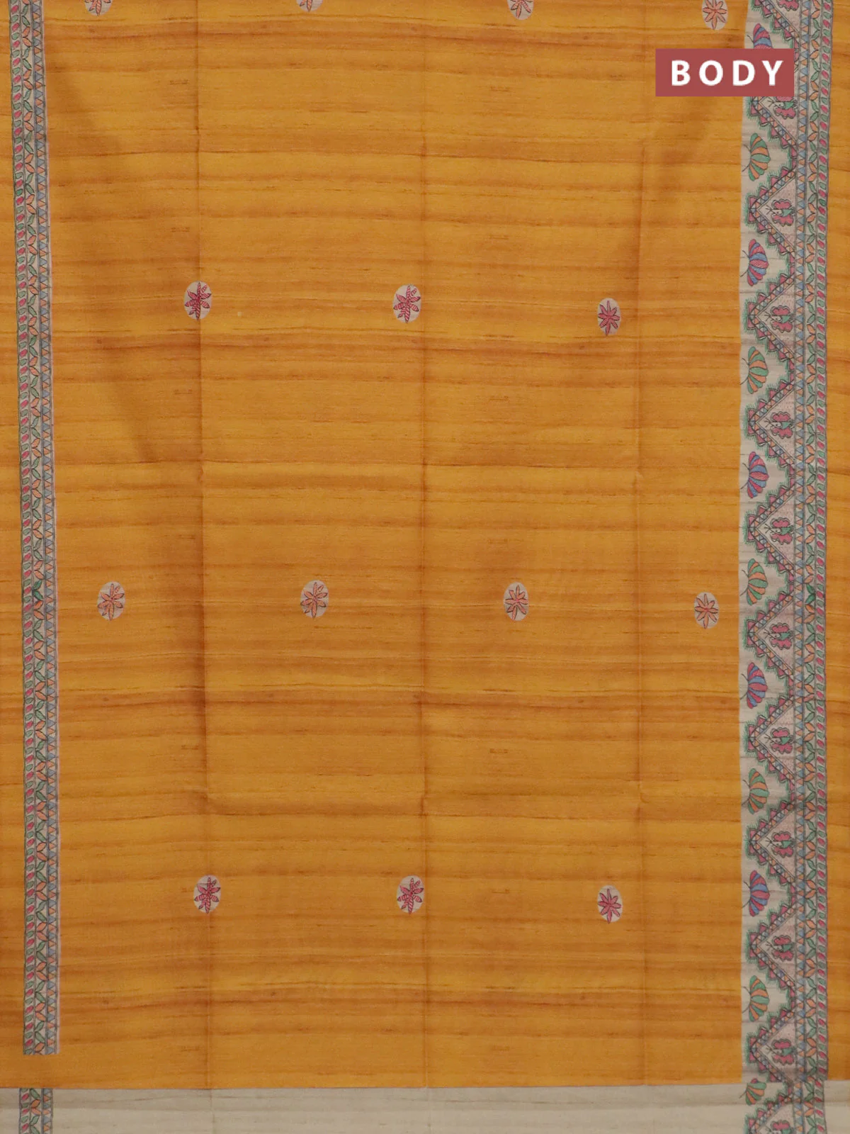 Semi tussar saree mustard yellow and cream with butta prints and madhubani printed pallu & border - Image 2