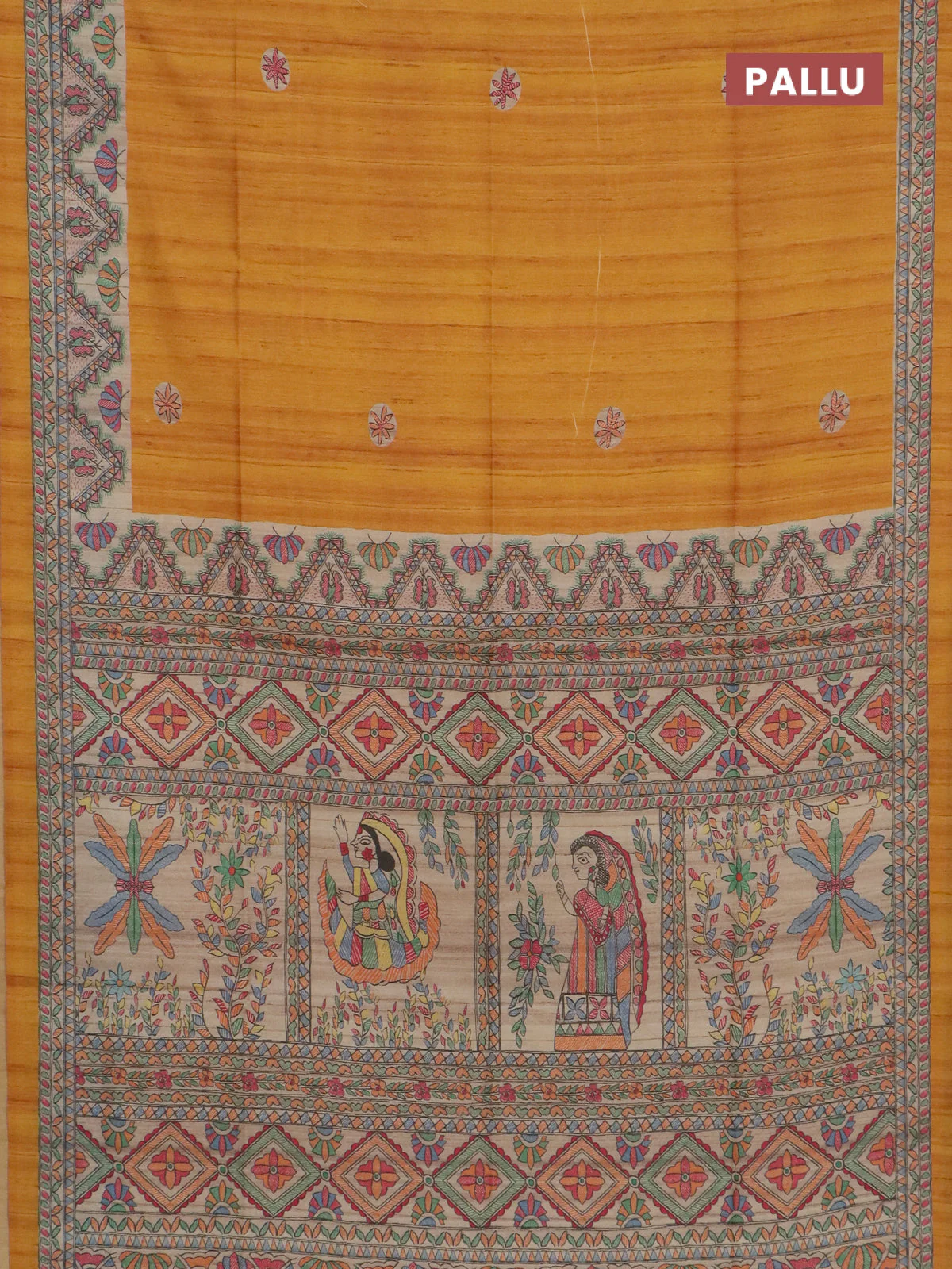 Semi tussar saree mustard yellow and cream with butta prints and madhubani printed pallu & border - Image 3