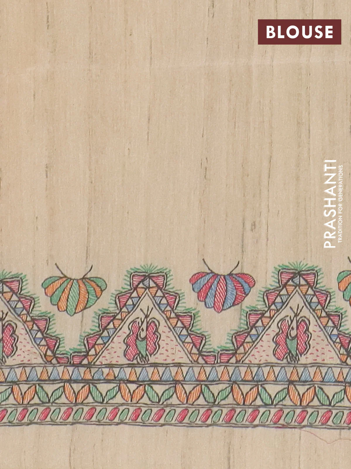 Semi tussar saree mustard yellow and cream with butta prints and madhubani printed pallu & border - Image 4