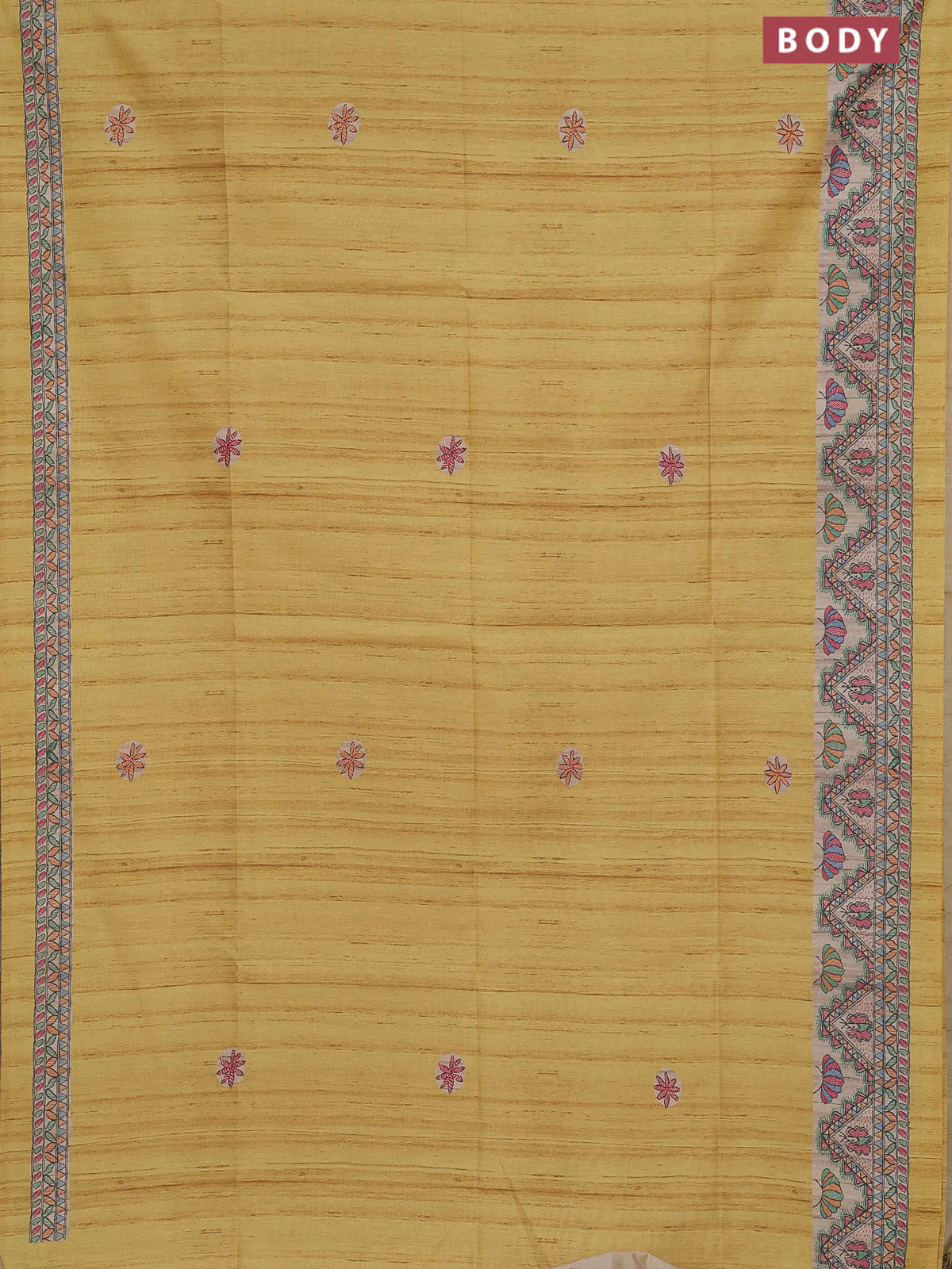 Semi tussar saree mustard yellow and cream with butta prints and madhubani printed pallu & border - Image 2