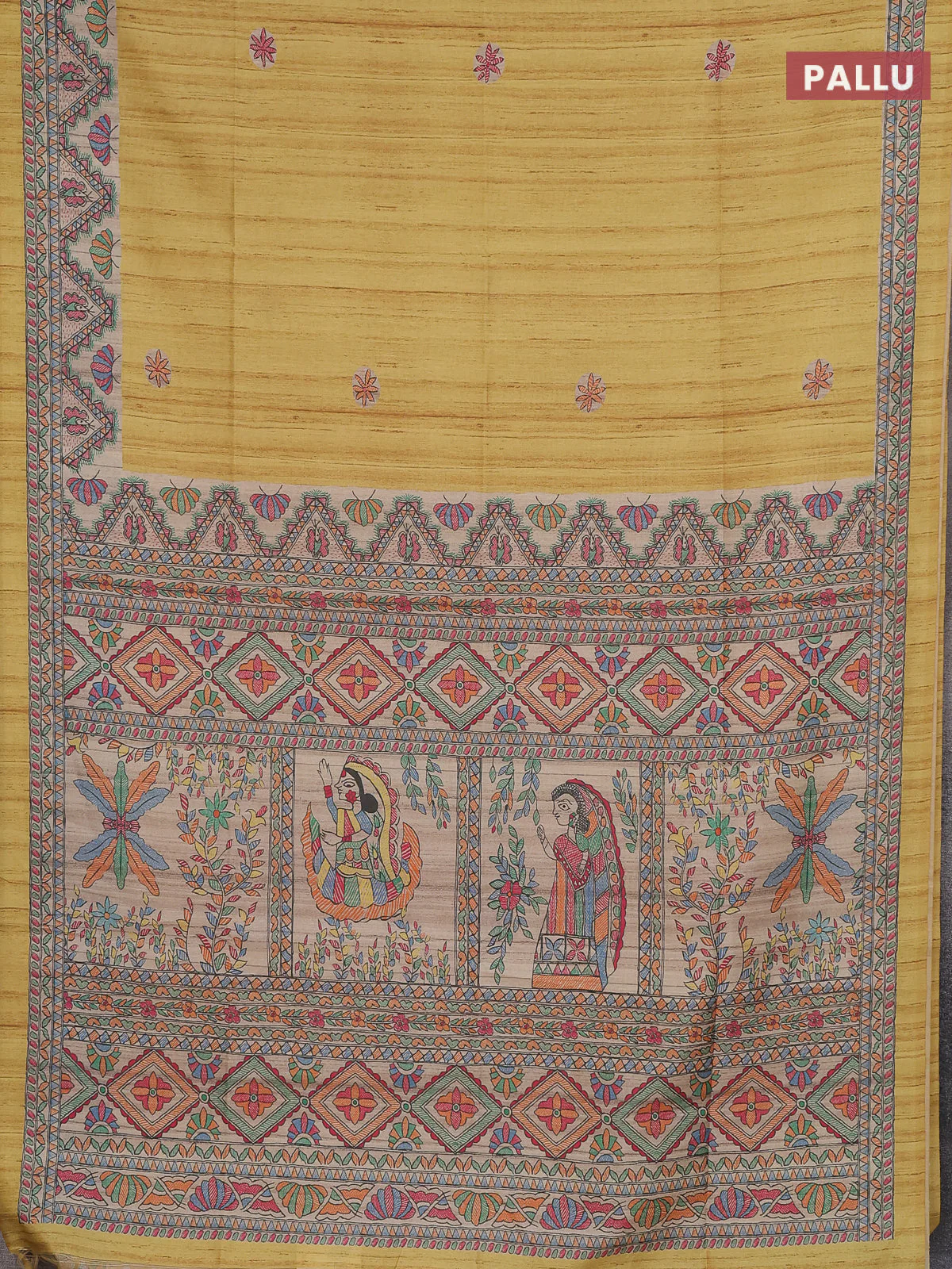 Semi tussar saree mustard yellow and cream with butta prints and madhubani printed pallu & border - Image 3