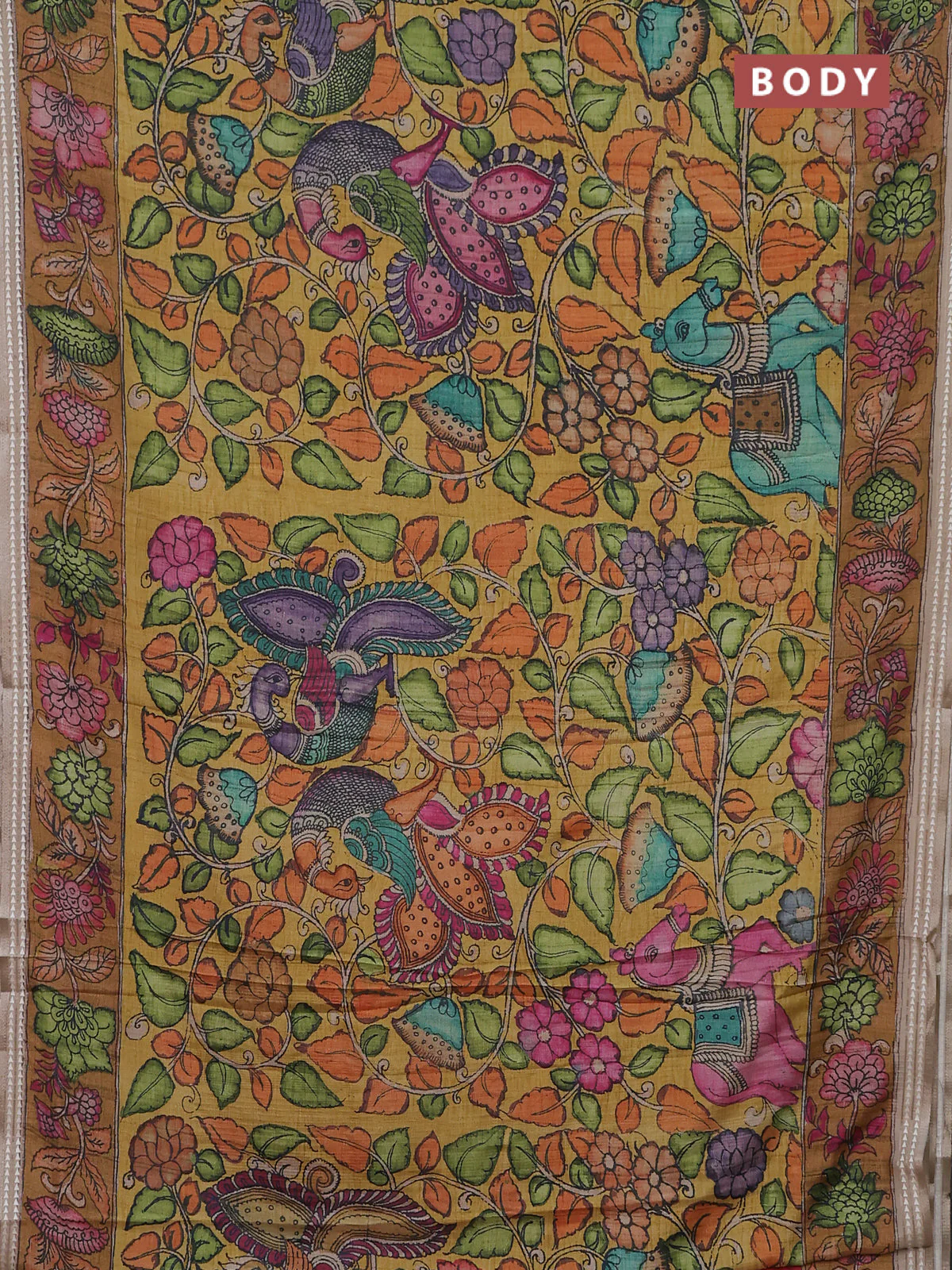 Semi tussar saree mustard yellow and dark mustard with allover kalamkari prints and printed border - Image 2